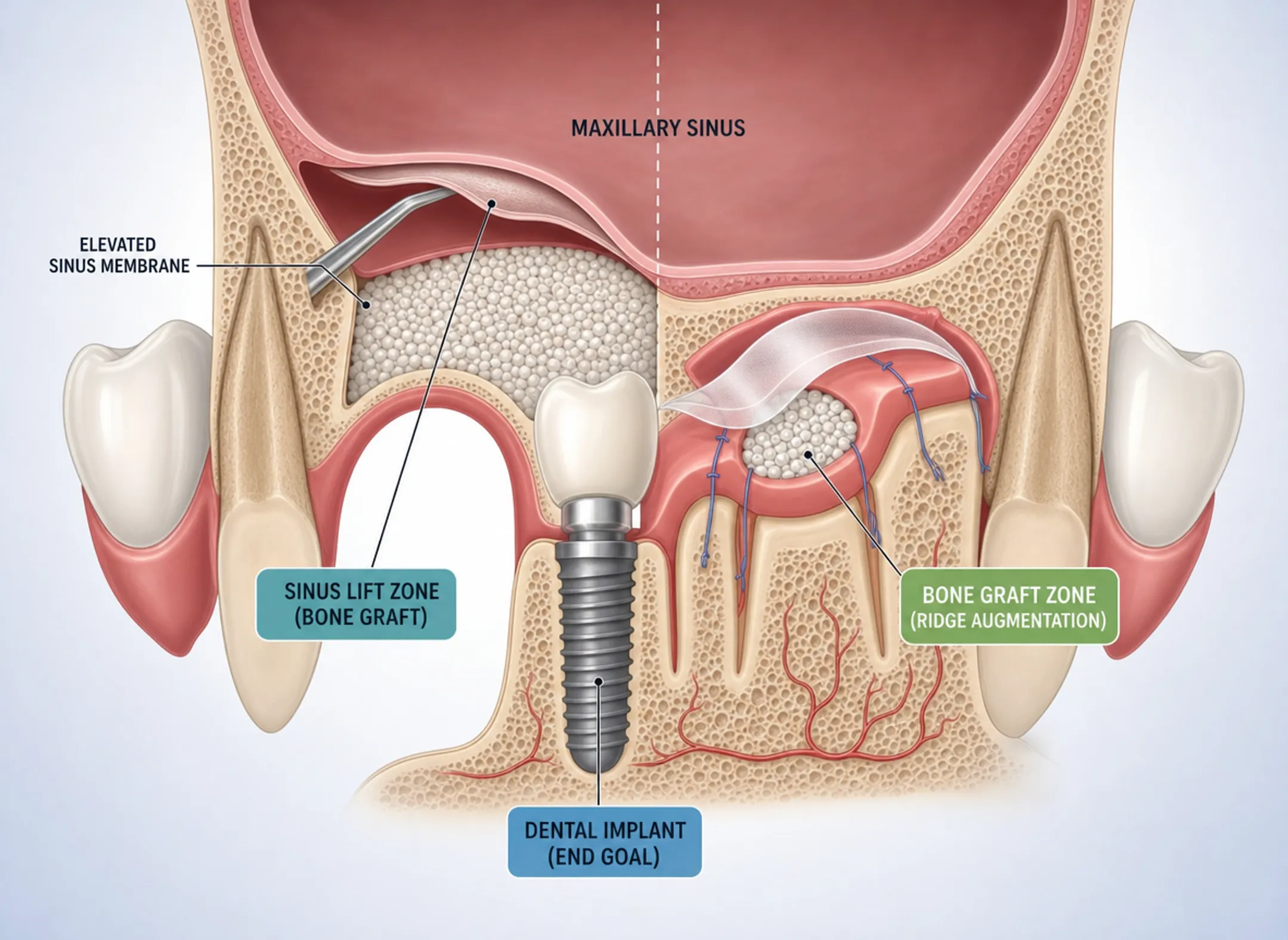 Dental bone grafting and sinus lift procedure illustration for implant preparation