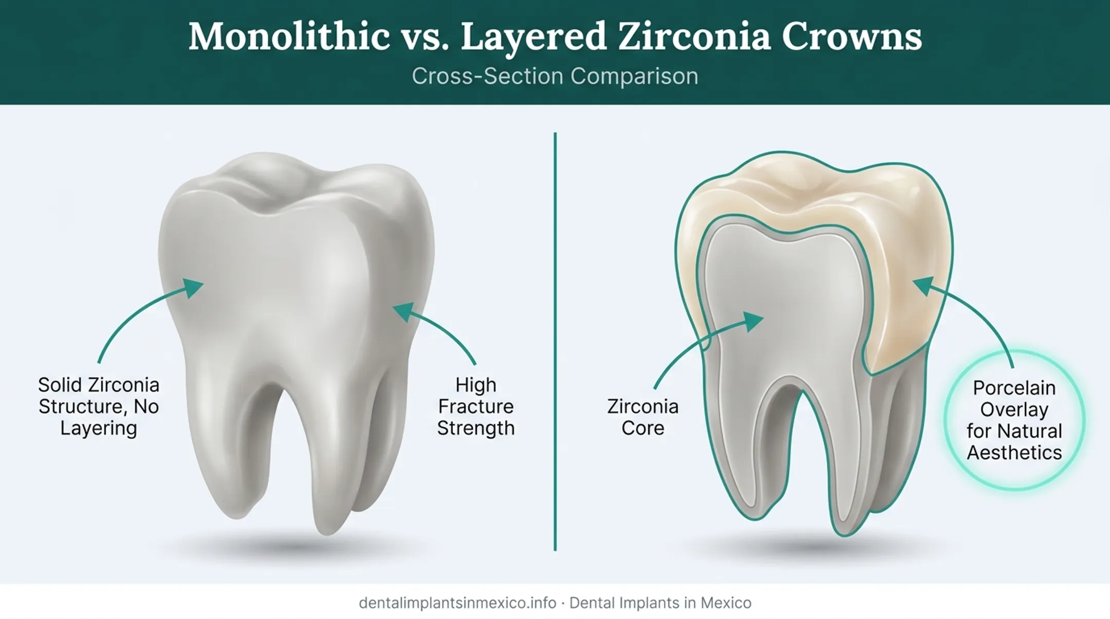 Monolithic versus layered zirconia crown structure cross-section diagram