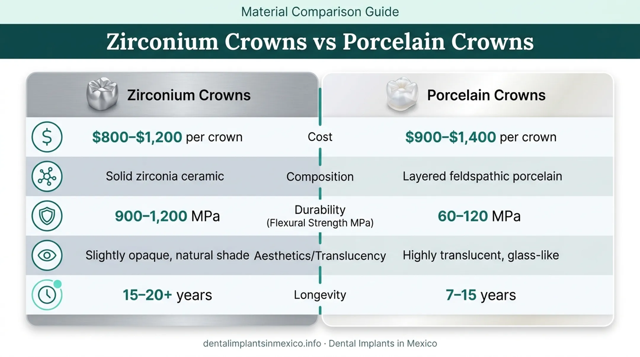 Zirconium versus porcelain crown comparison chart across cost durability aesthetics