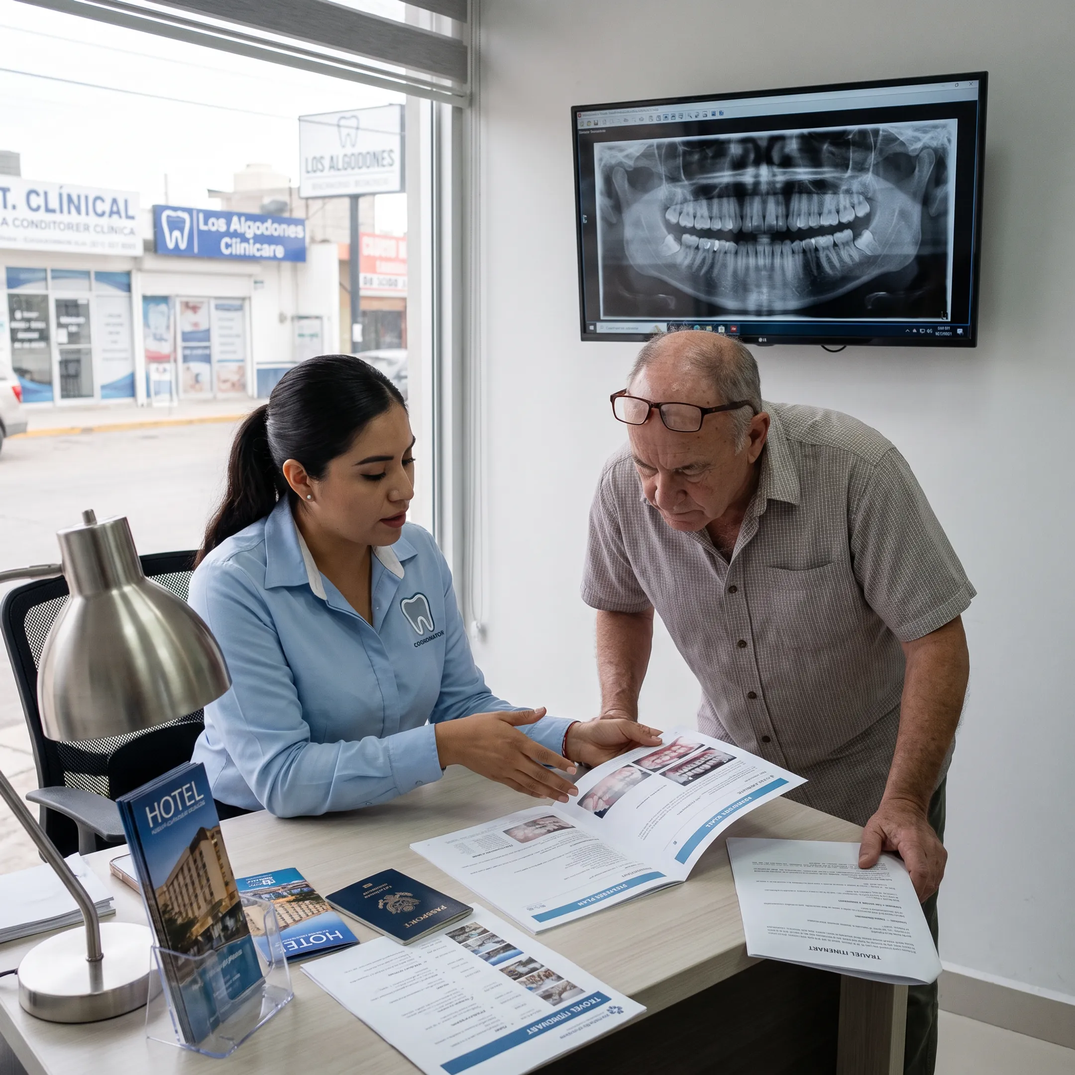 Bilingual coordinator discussing dental travel plans