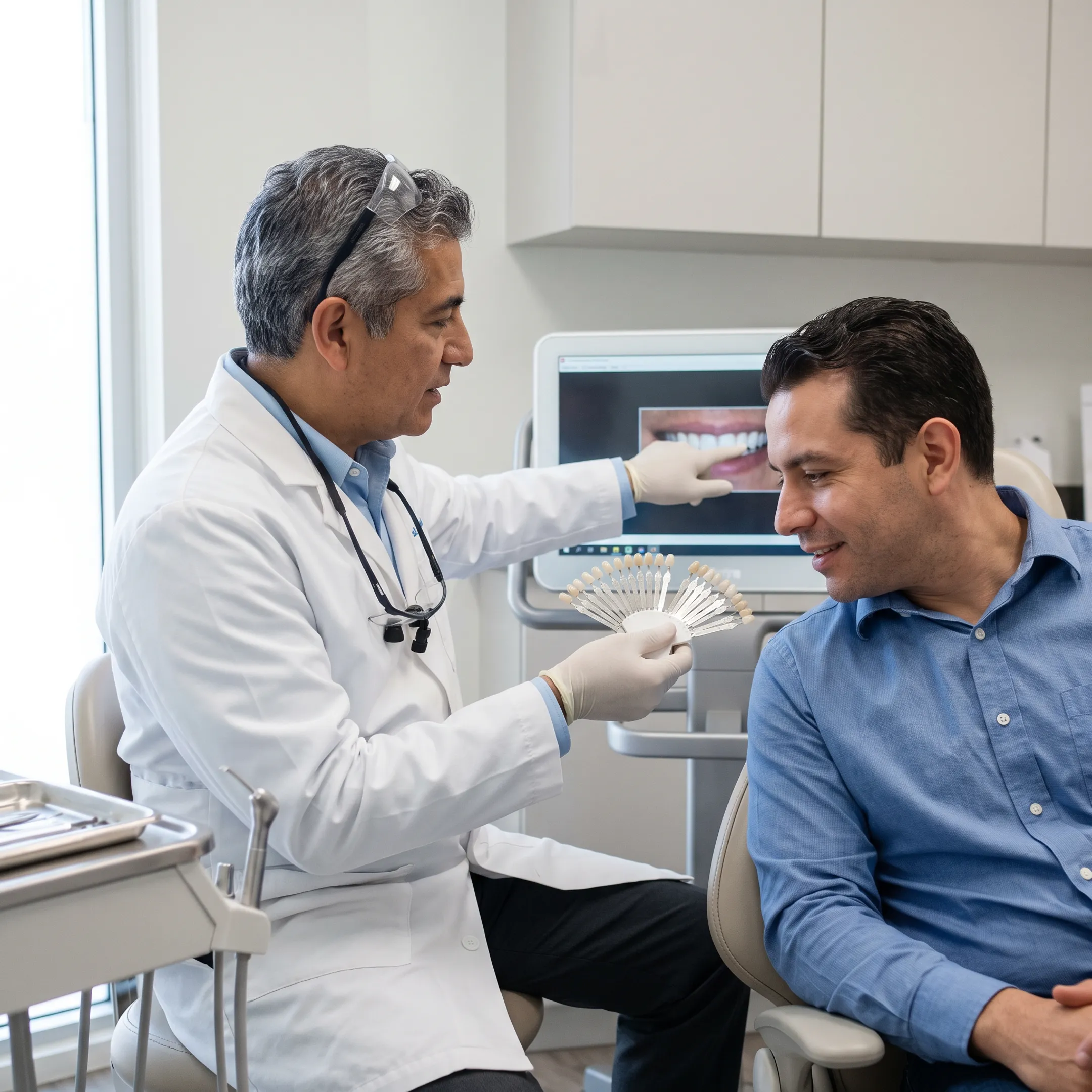 Patient reviewing veneer smile goals with dentist