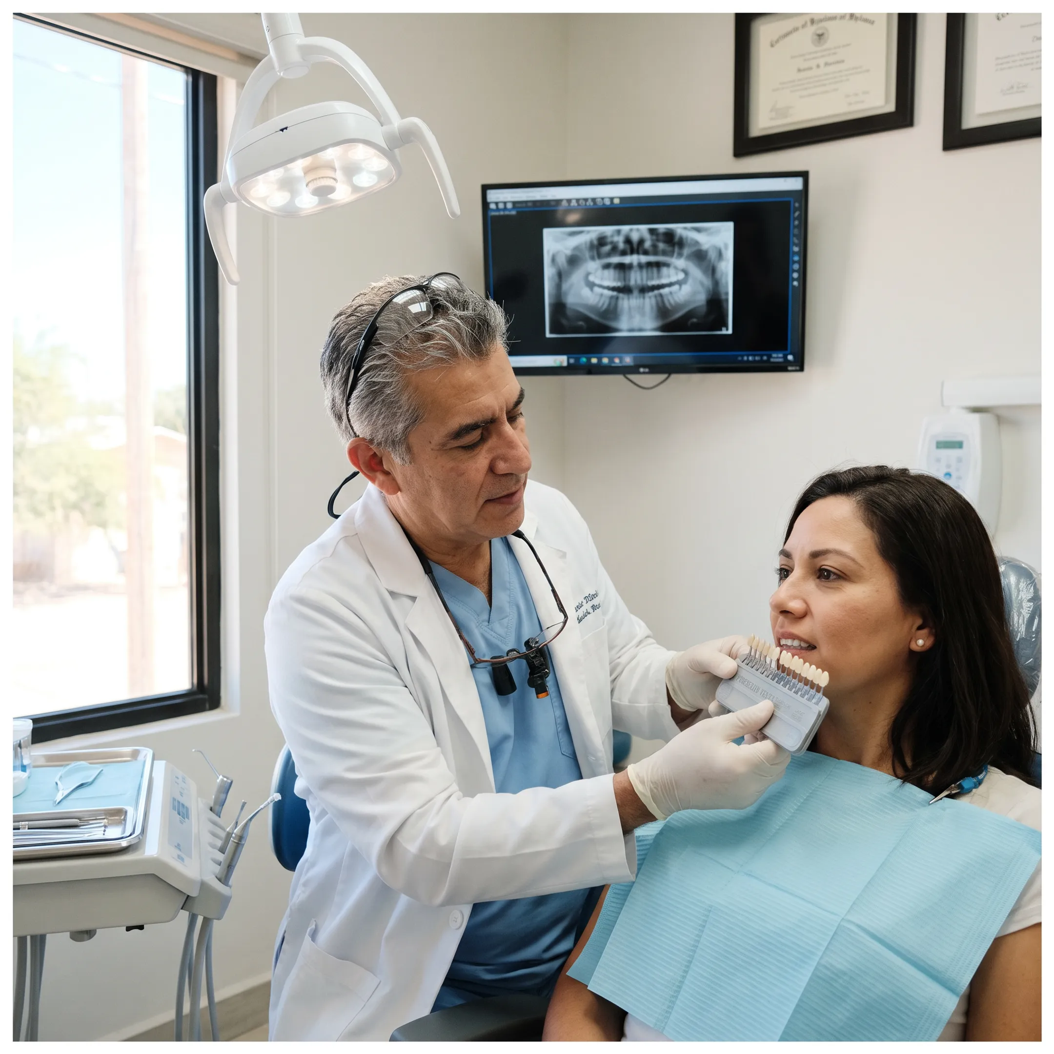 Dentist discussing porcelain veneers with a patient