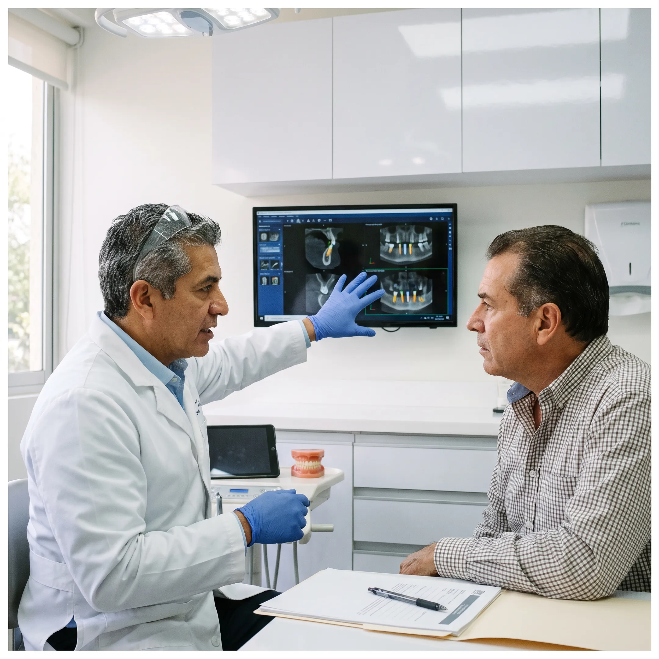 Dental implant patient speaking with a dentist