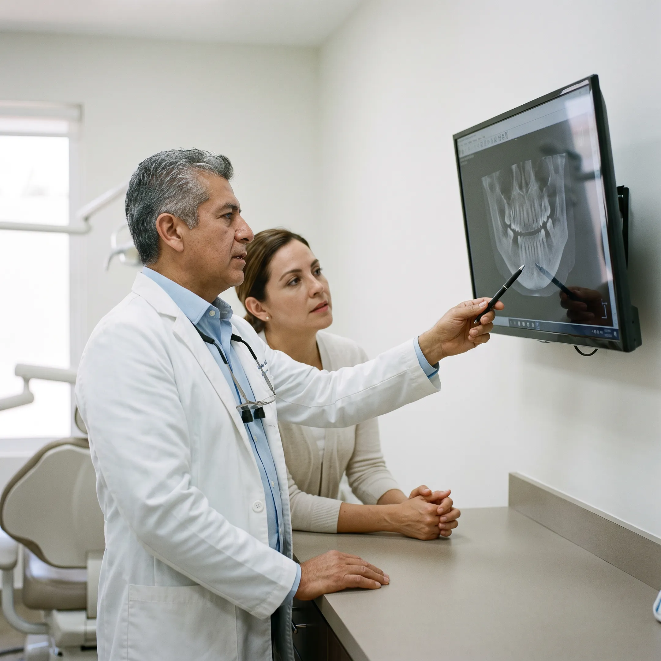 Dental implant specialist reviewing a patient's 3D jaw scan