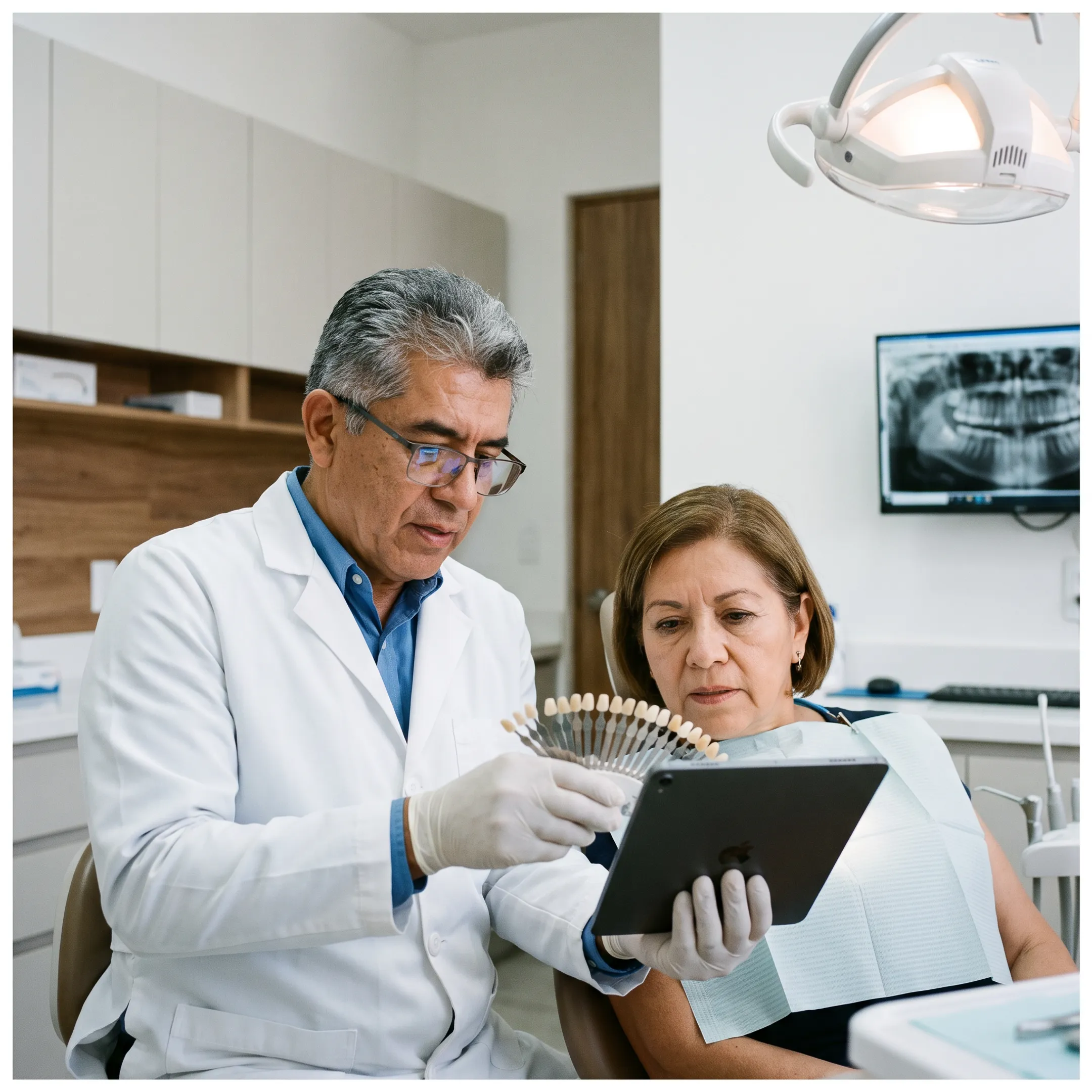 Dentist discussing porcelain veneer shade options with a patient