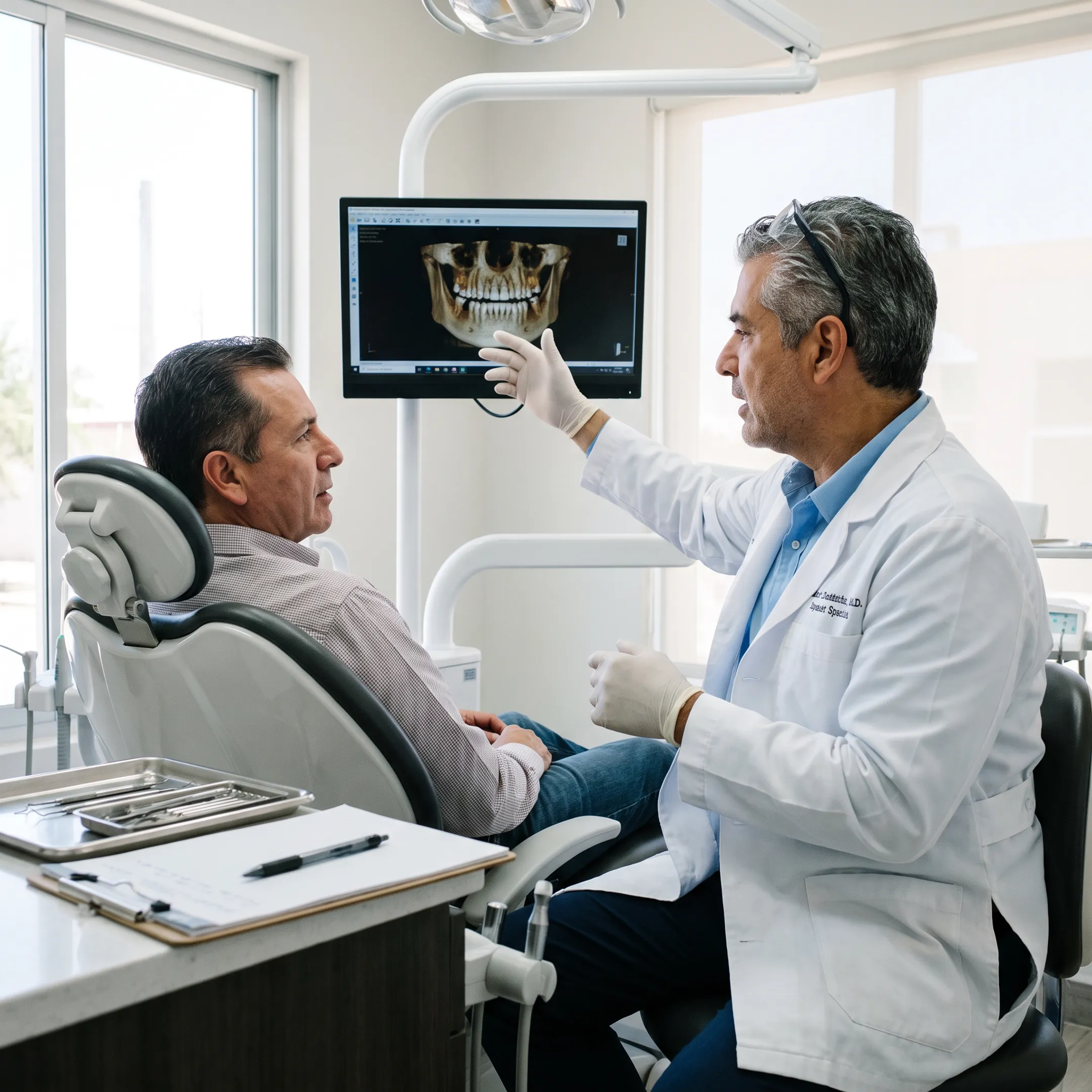 Dental implant consultation with a patient and specialist