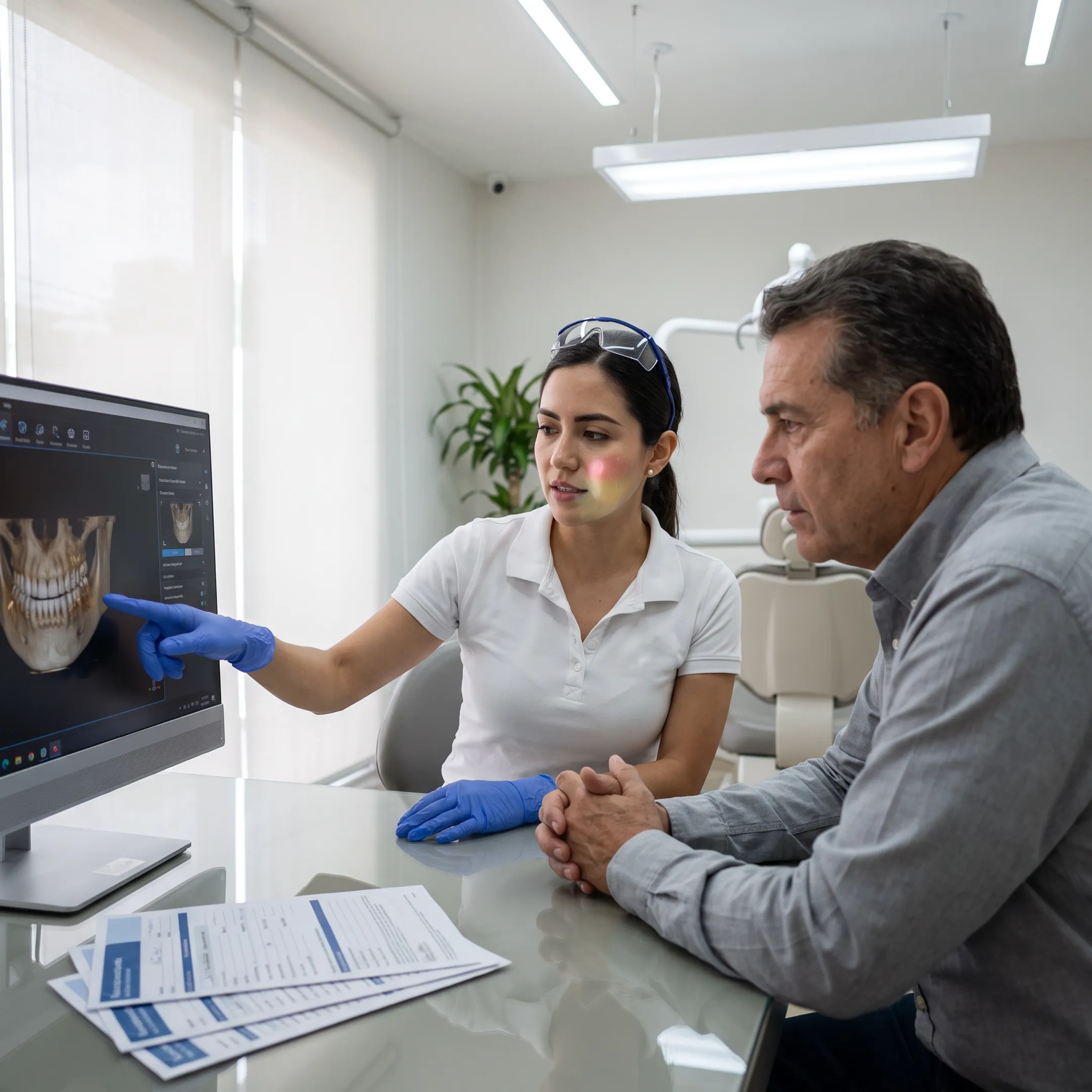 Patient reviewing a dental implant treatment plan