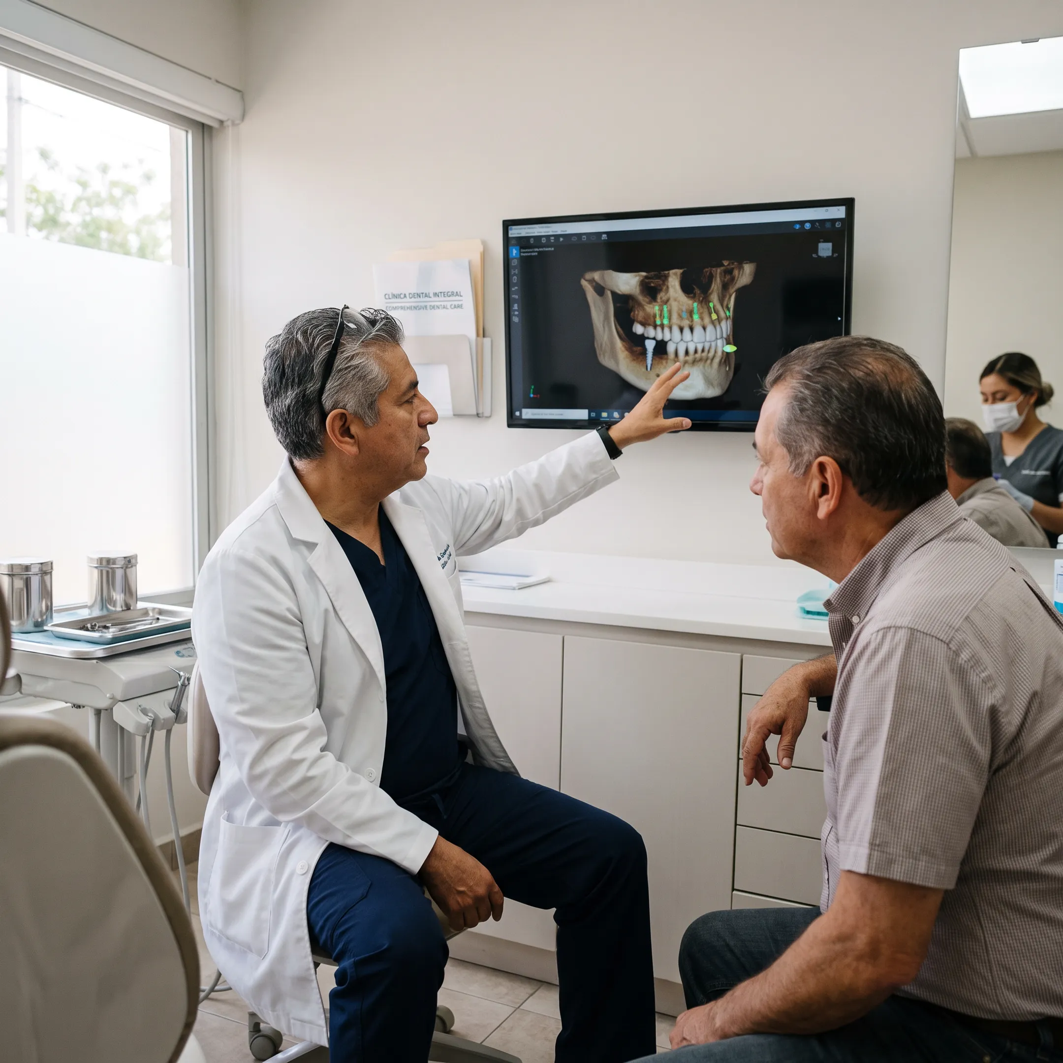 Dental professional reviewing implant scan with patient