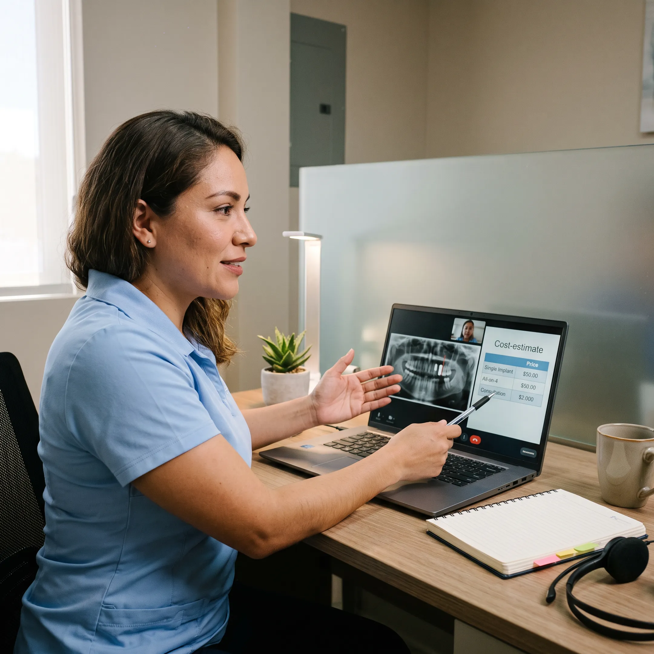 Patient coordinator discussing dental implant plan online