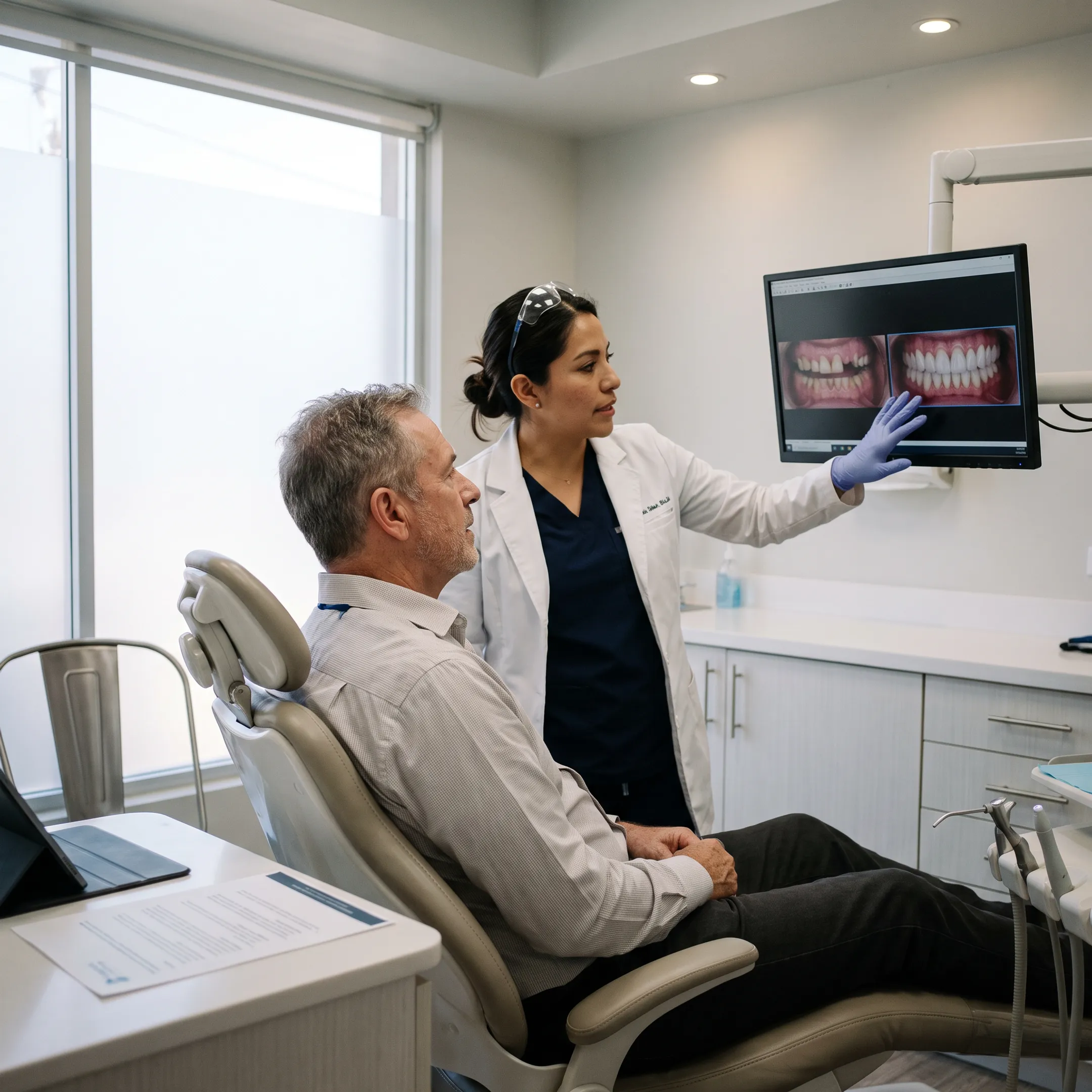 Patient reviewing All-on-6 smile transformation