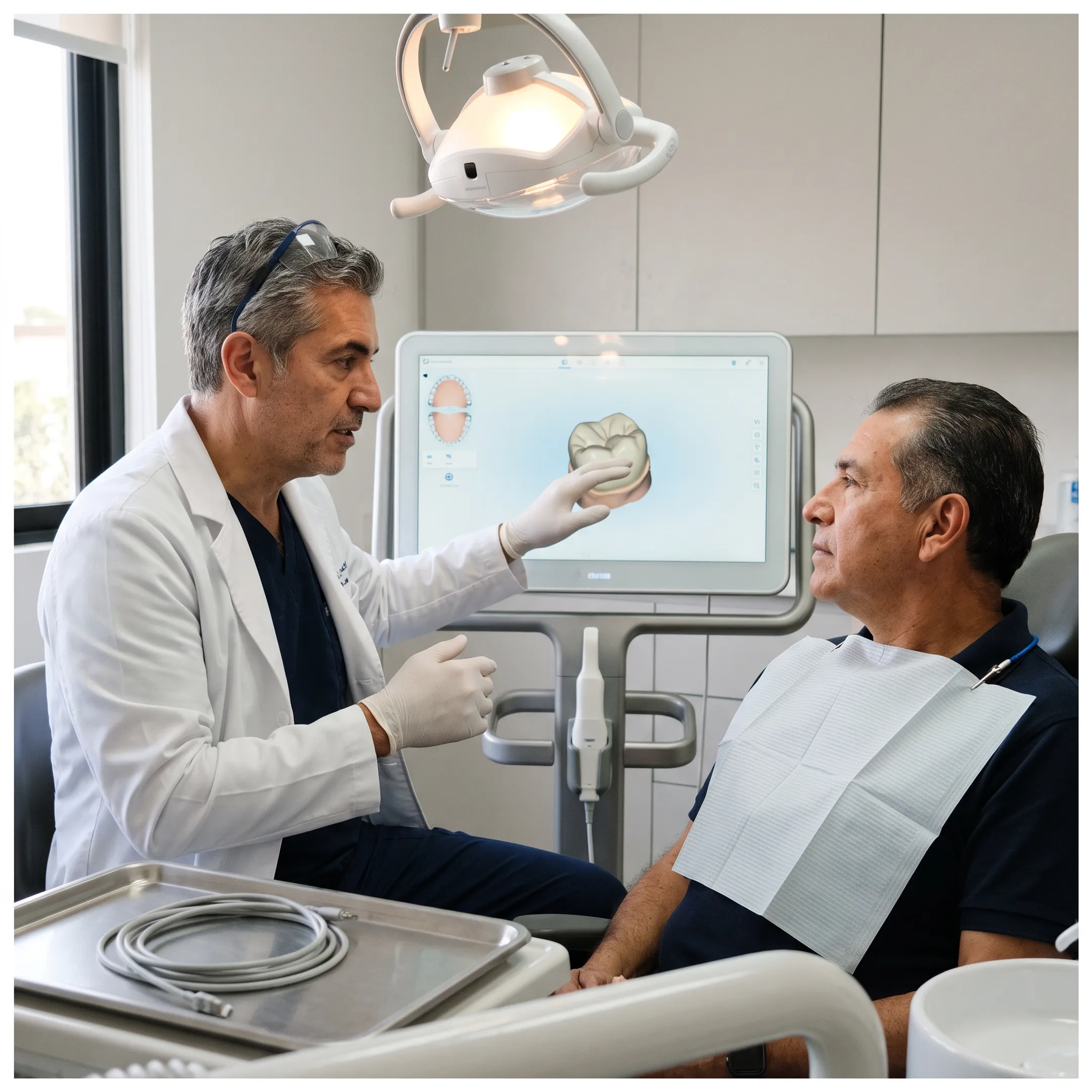 Dentist reviewing a digital dental crown design with a patient