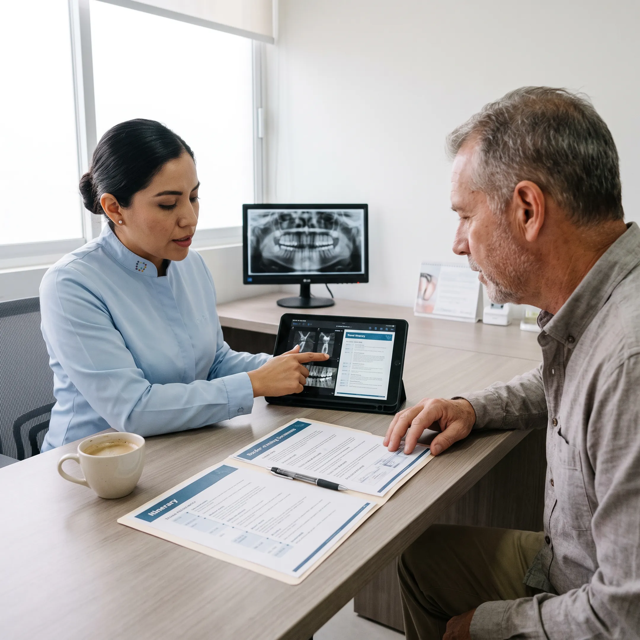 Patient coordinator reviewing Mexico dental travel plan