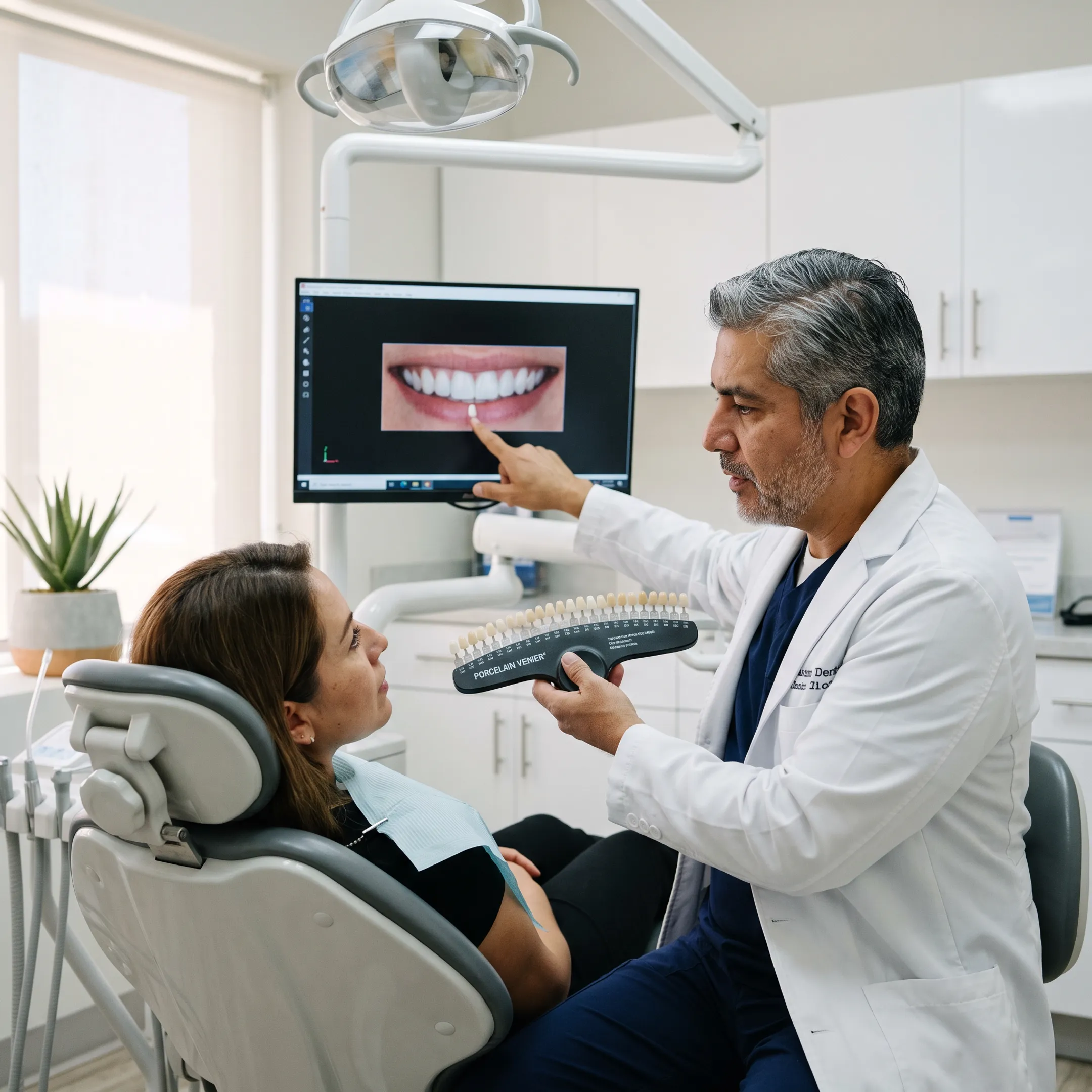 Patient discussing porcelain veneer options with a dentist