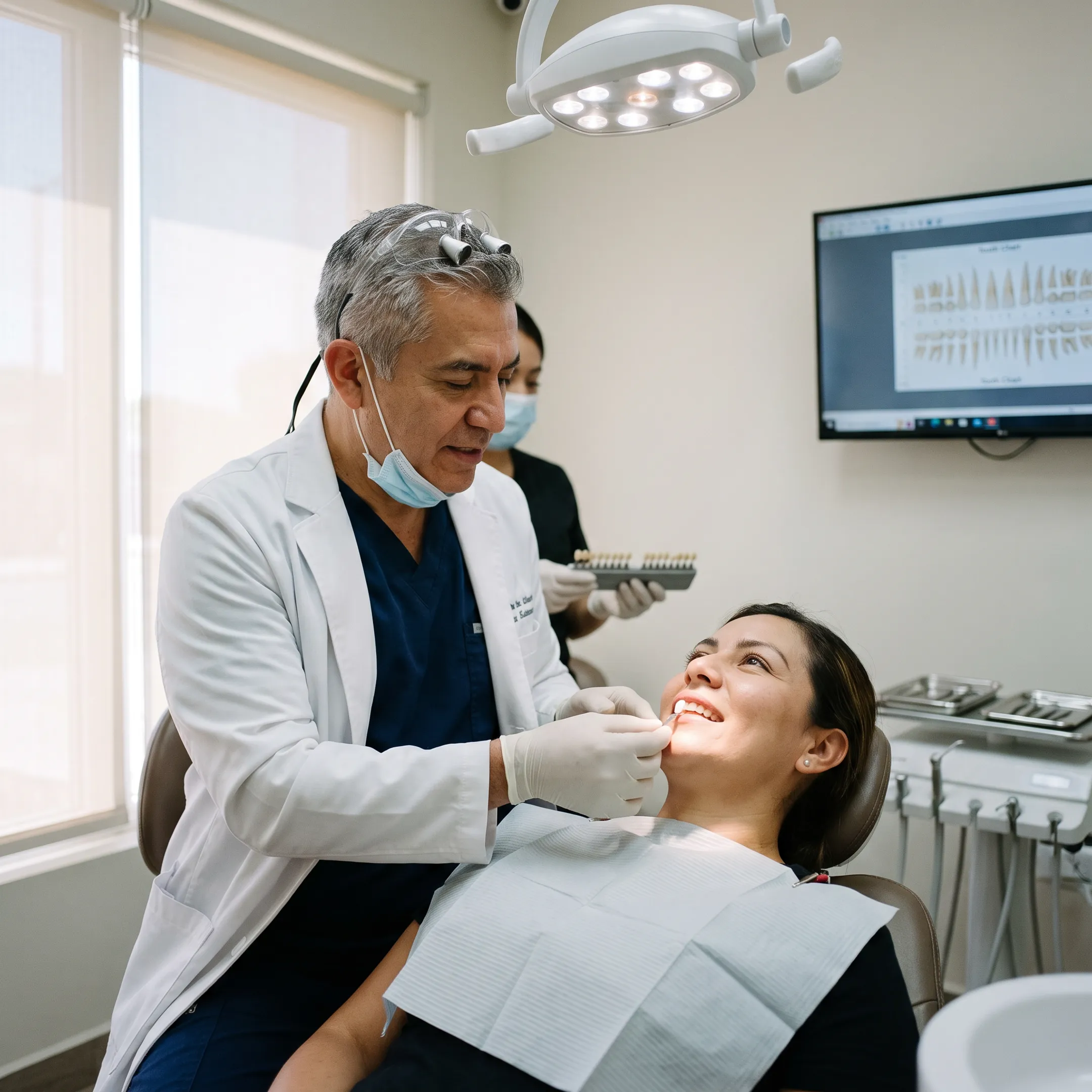Dentist evaluating a patient for a natural-looking dental crown