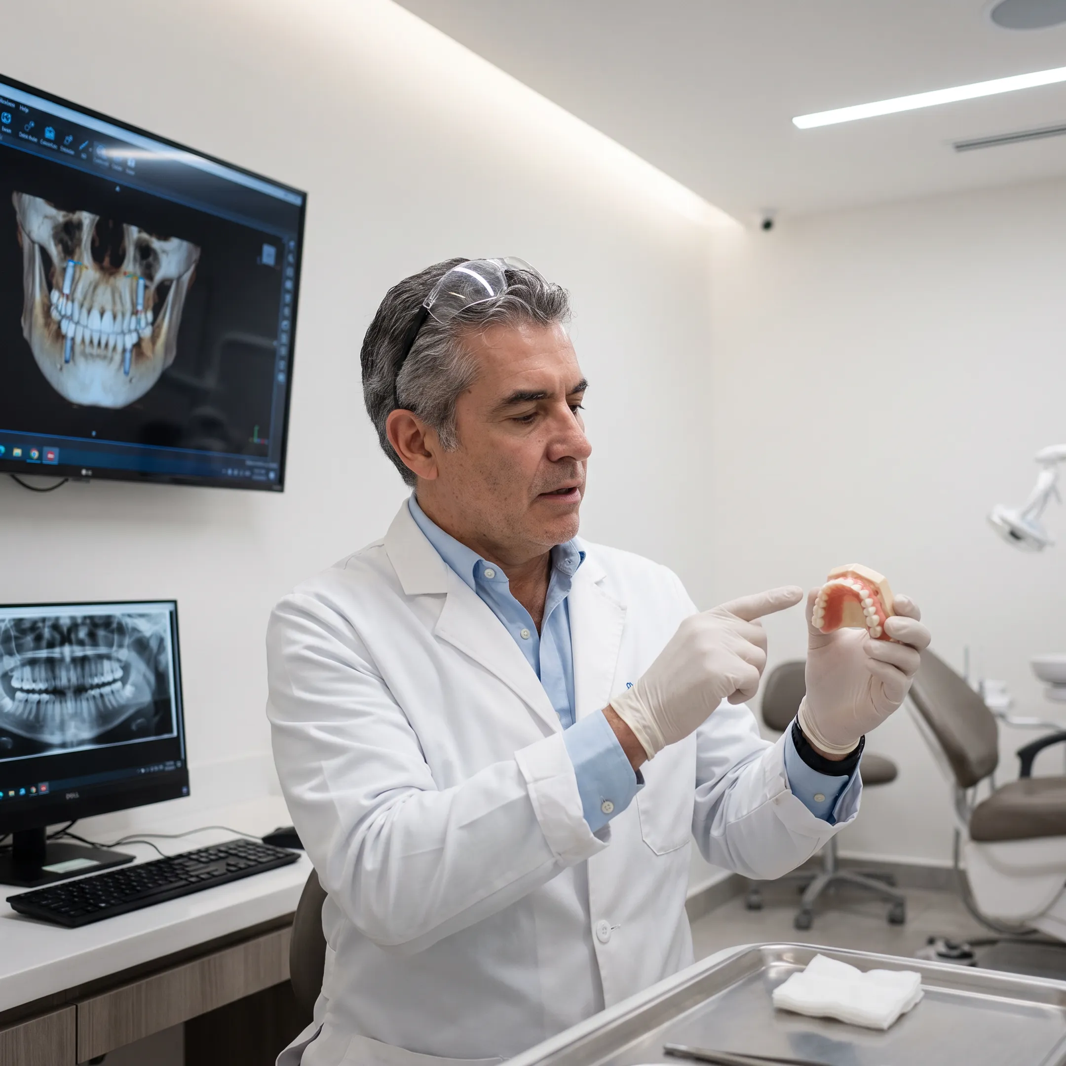 Dental specialist reviewing a full-arch implant model