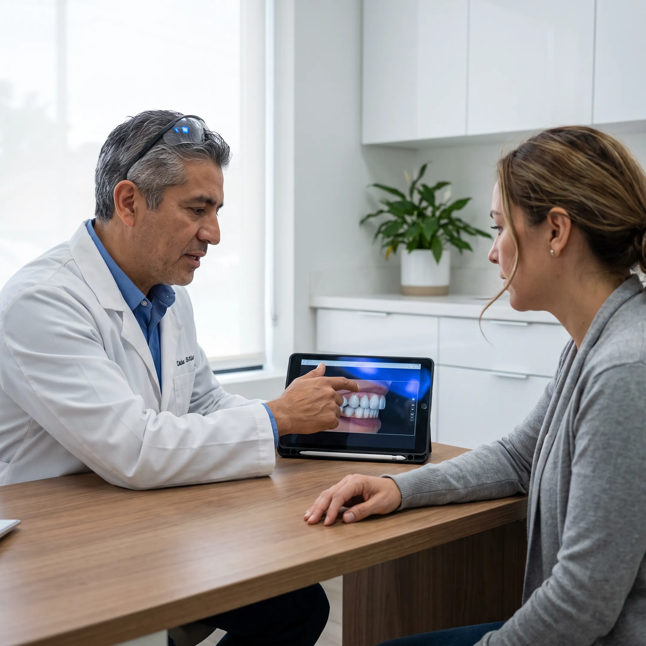 Patient discussing porcelain veneer smile goals with a dentist