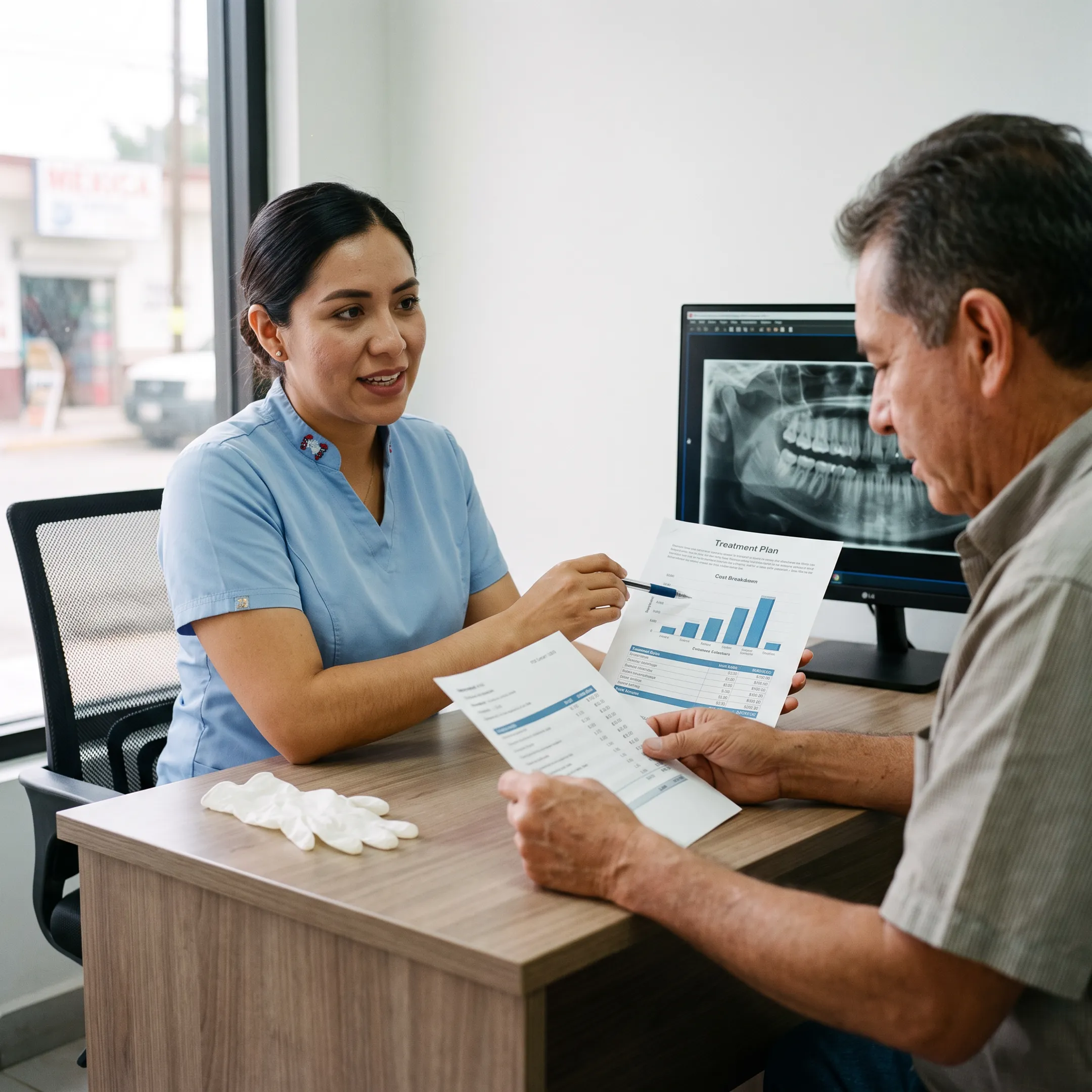 Coordinator explaining a customized dental implant cost estimate