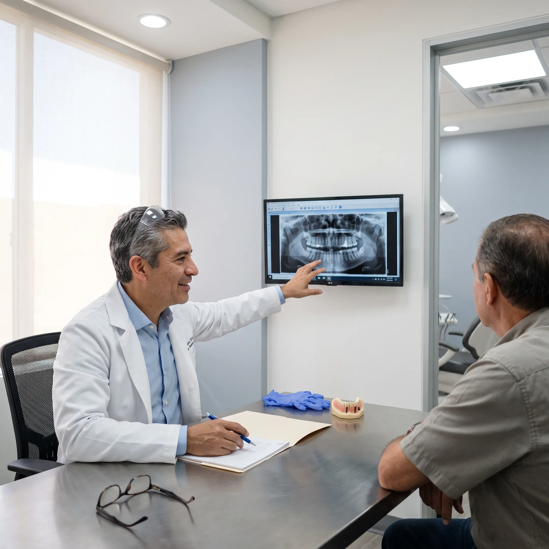 Dental professional reviewing bone graft and implant treatment planning