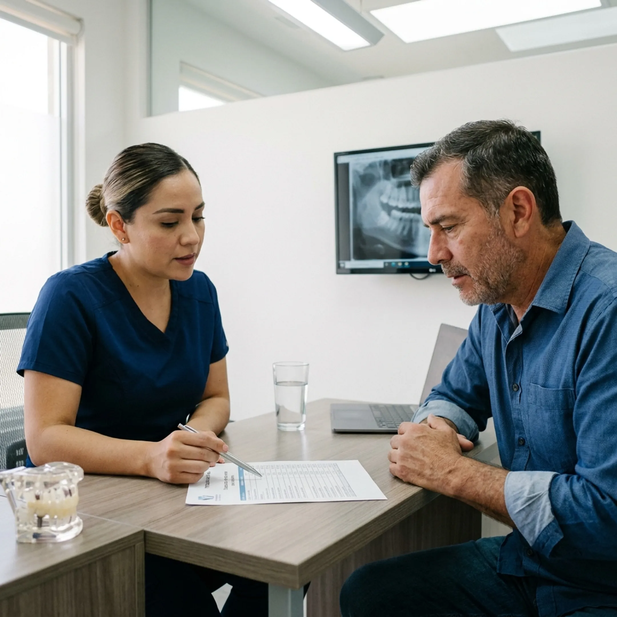 Patient reviewing a customized dental implant cost estimate