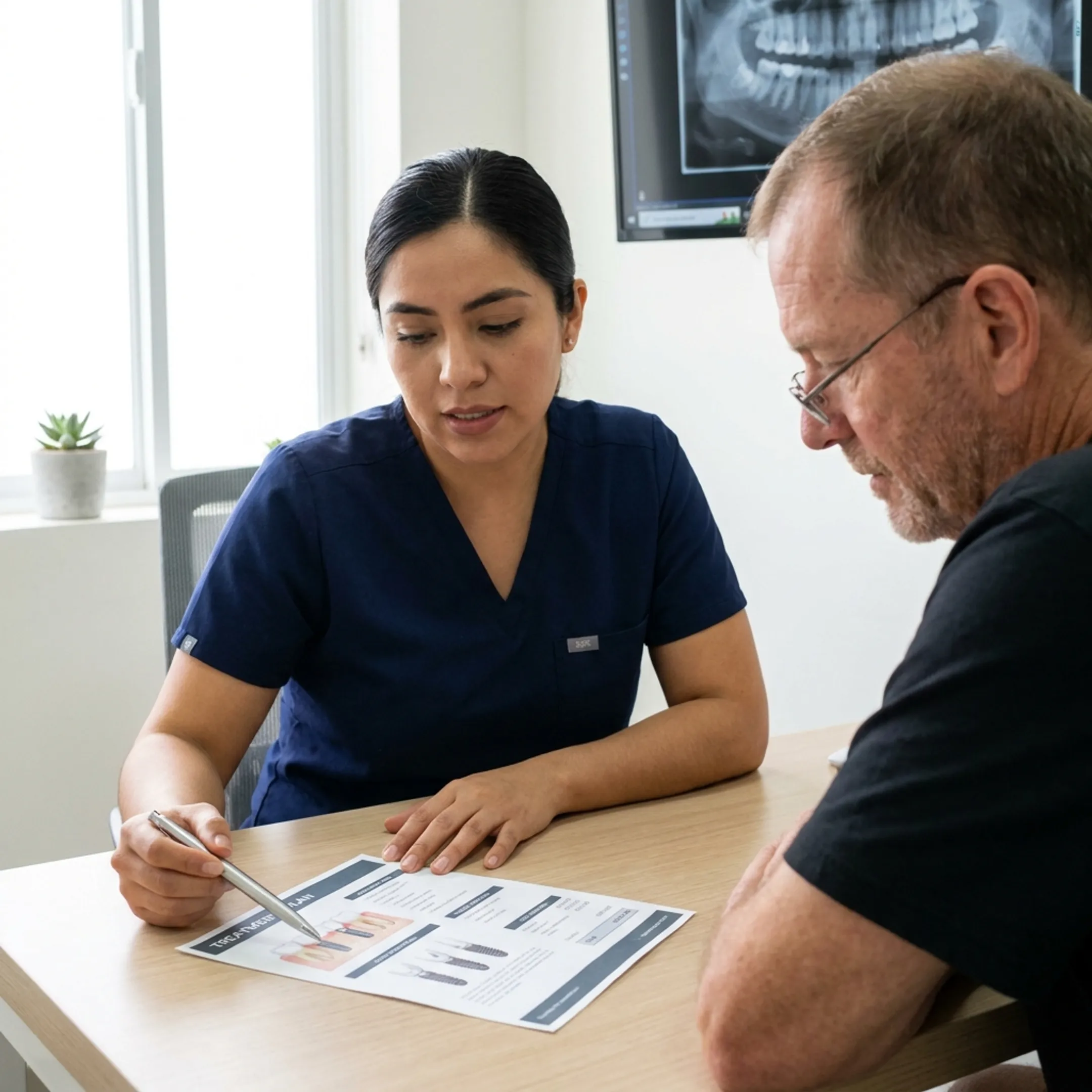 Patient reviewing a dental implant cost estimate