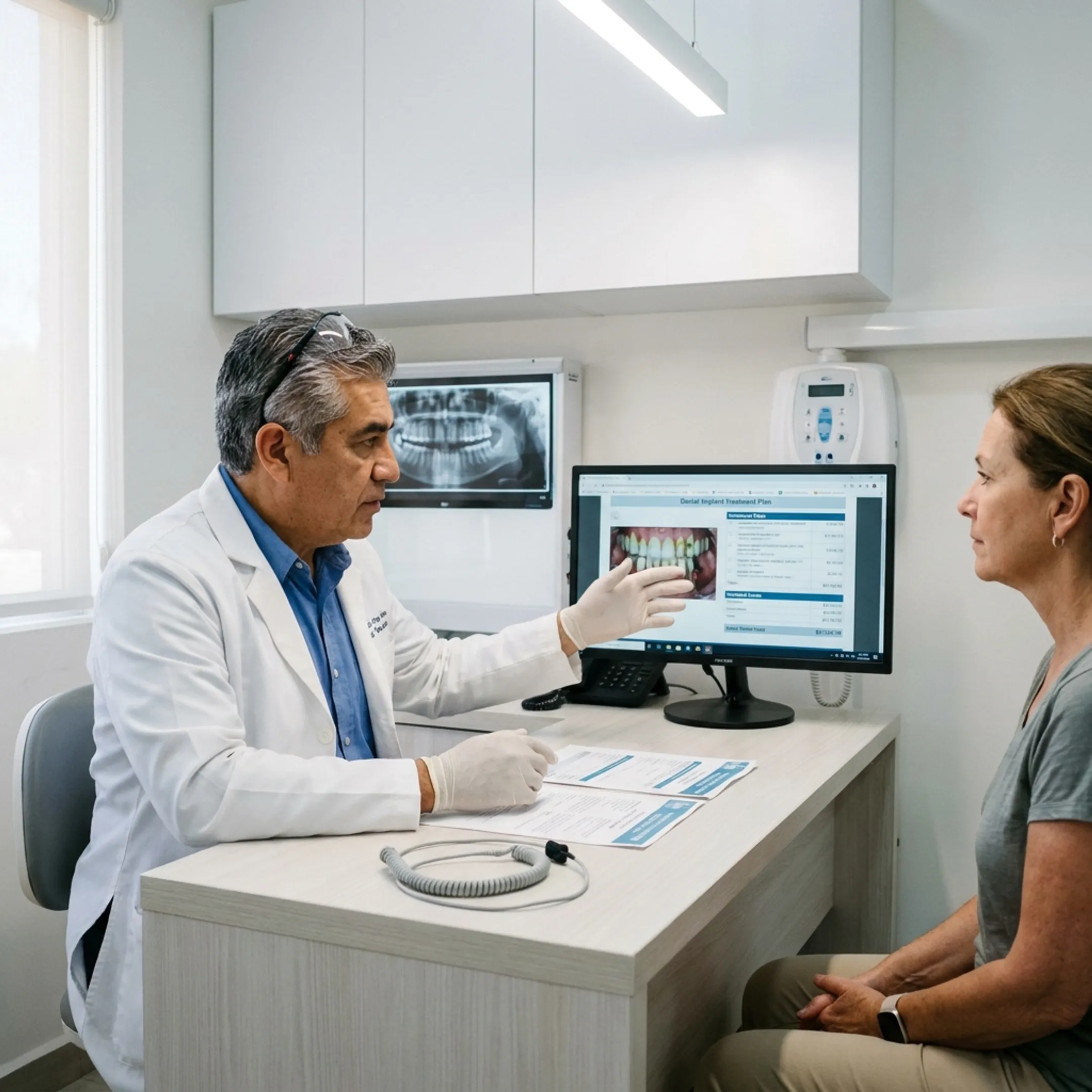 Dentist explaining a dental implant cost estimate