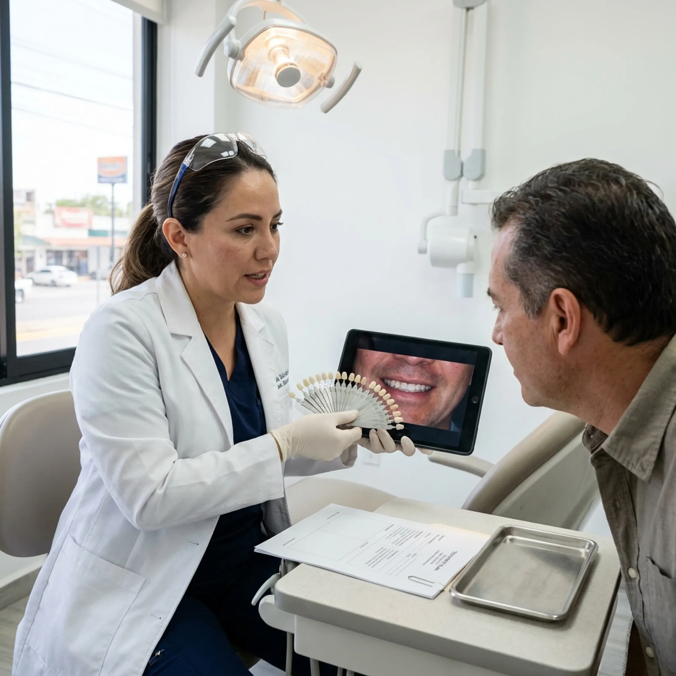 Dentist discussing porcelain veneer options with patient