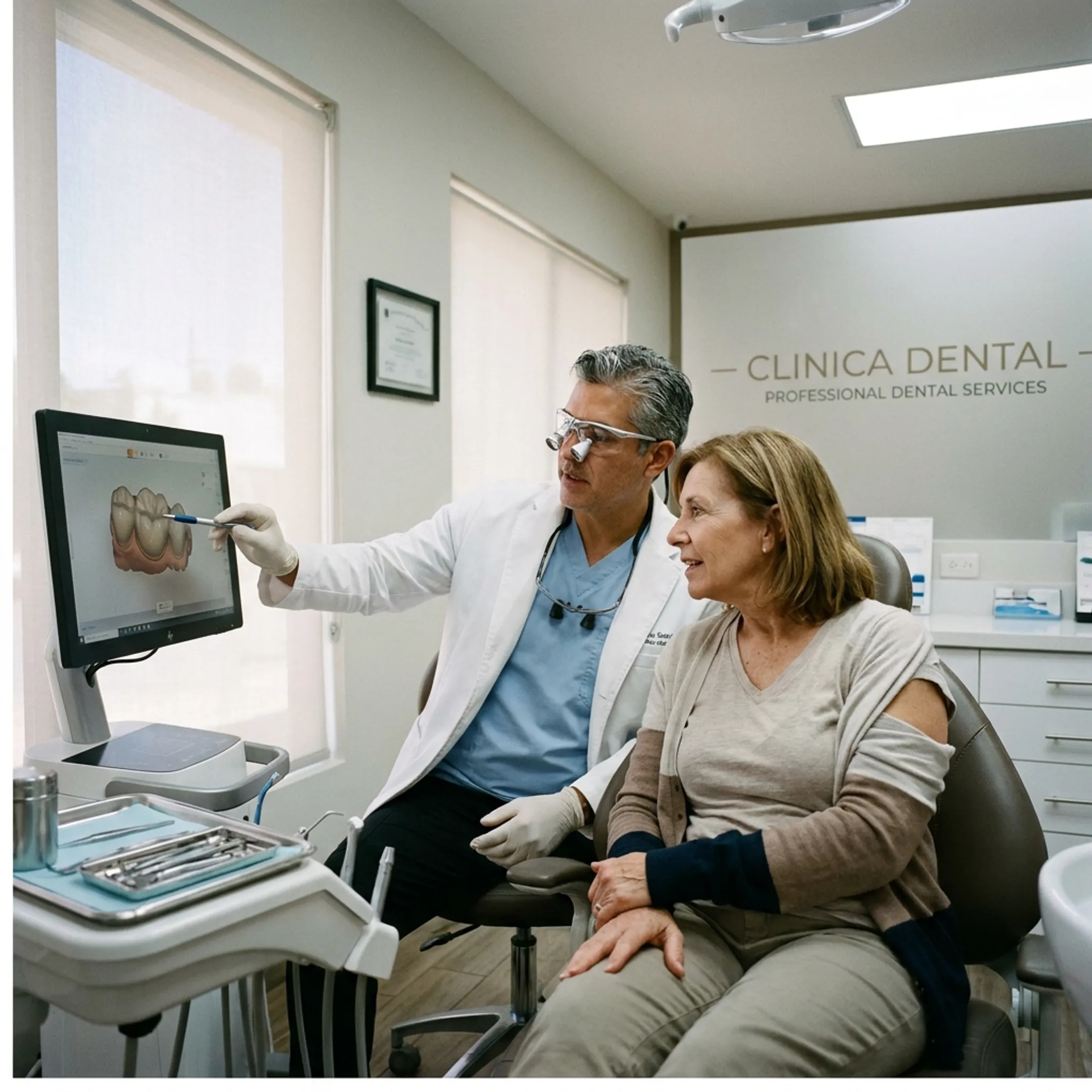 Dentist planning a zirconia crown or bridge restoration with digital dental scans.