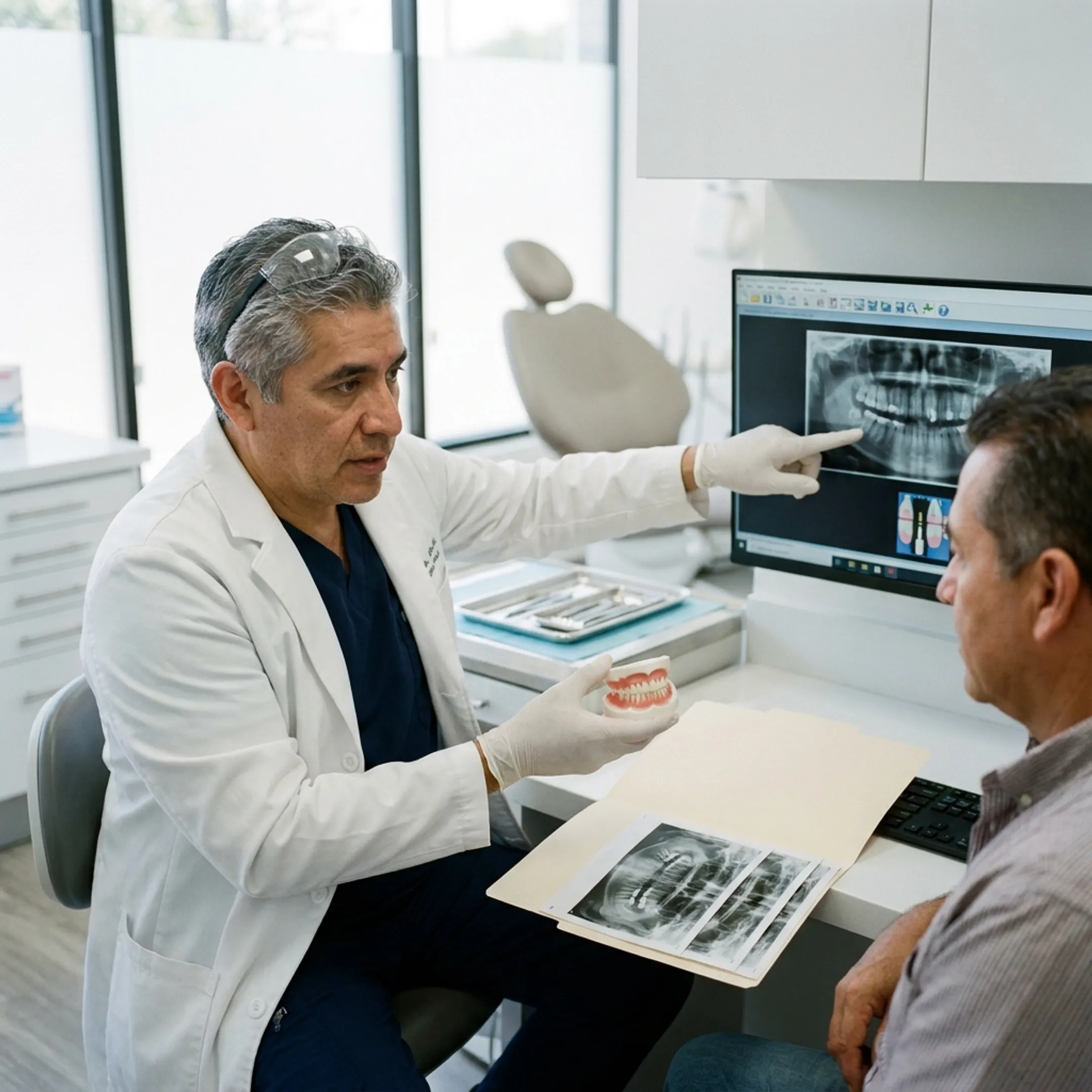 Dental professional presenting a customized implant-supported denture treatment plan
