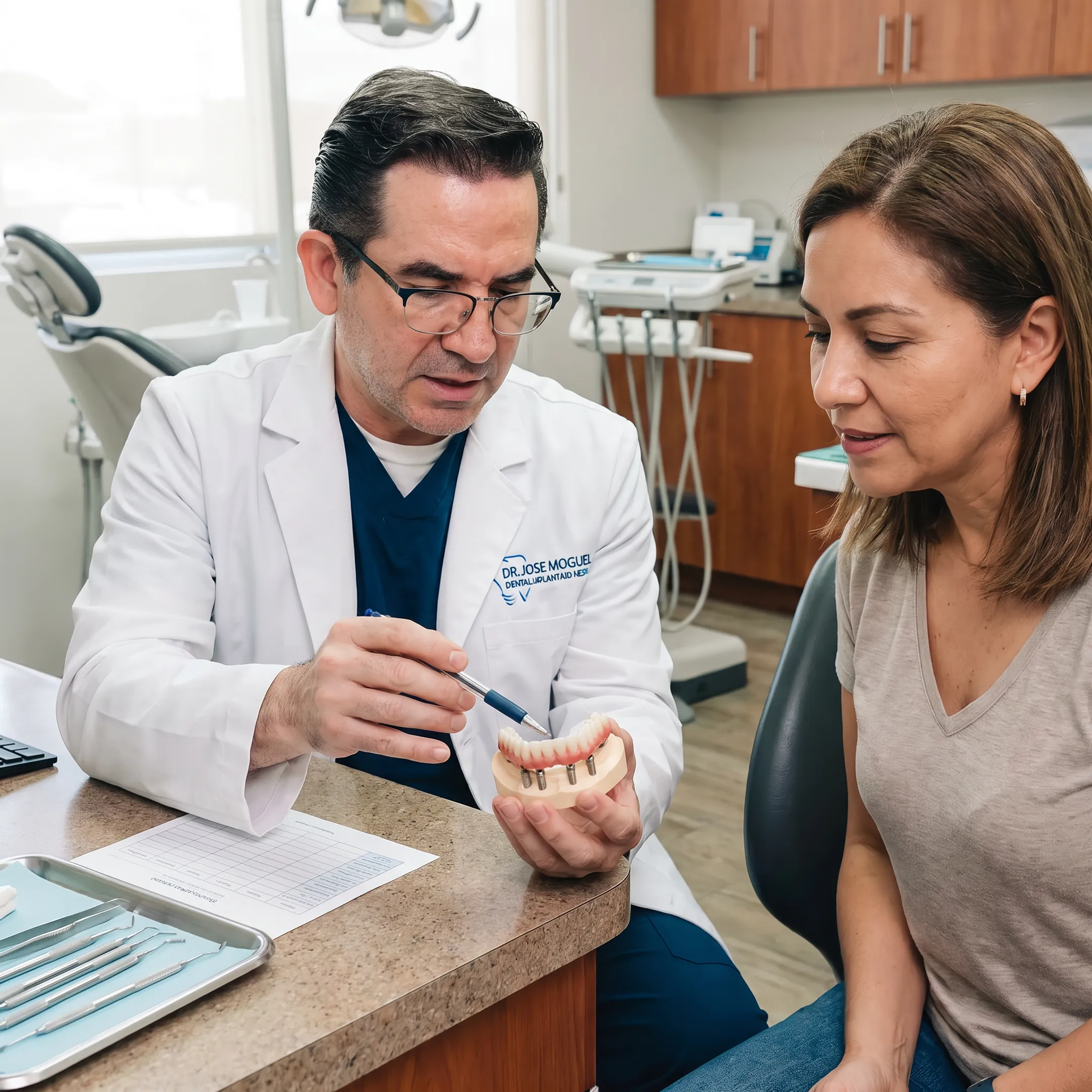 Dentist reviewing a full-arch implant model with a patient