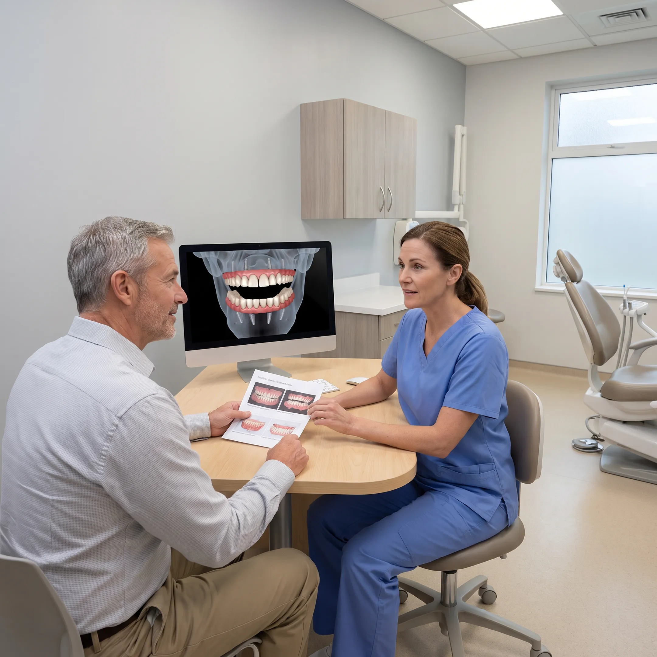 Patient consulting with an implant dentist about a full-mouth restoration