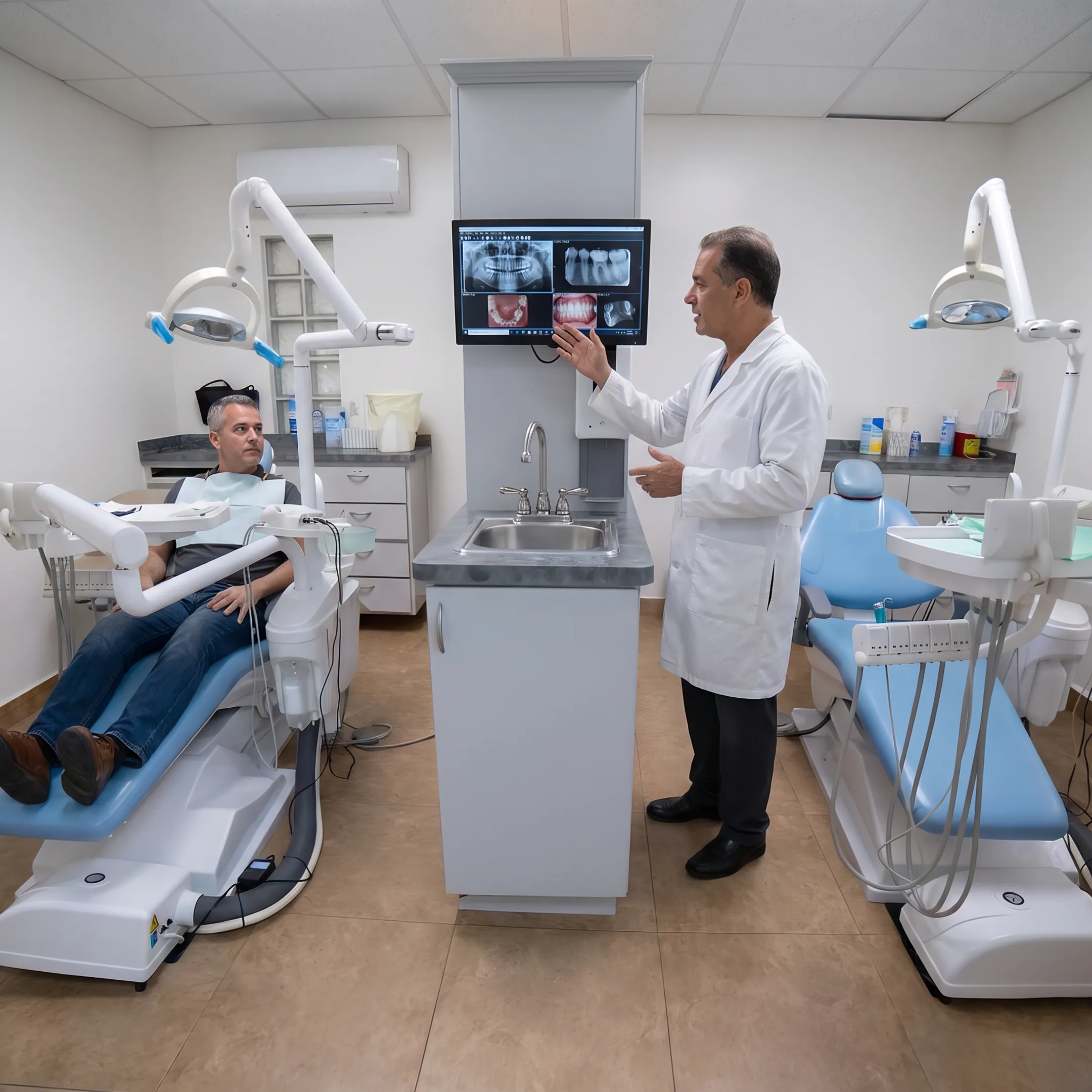 Paciente conversando con dentista en clínica moderna