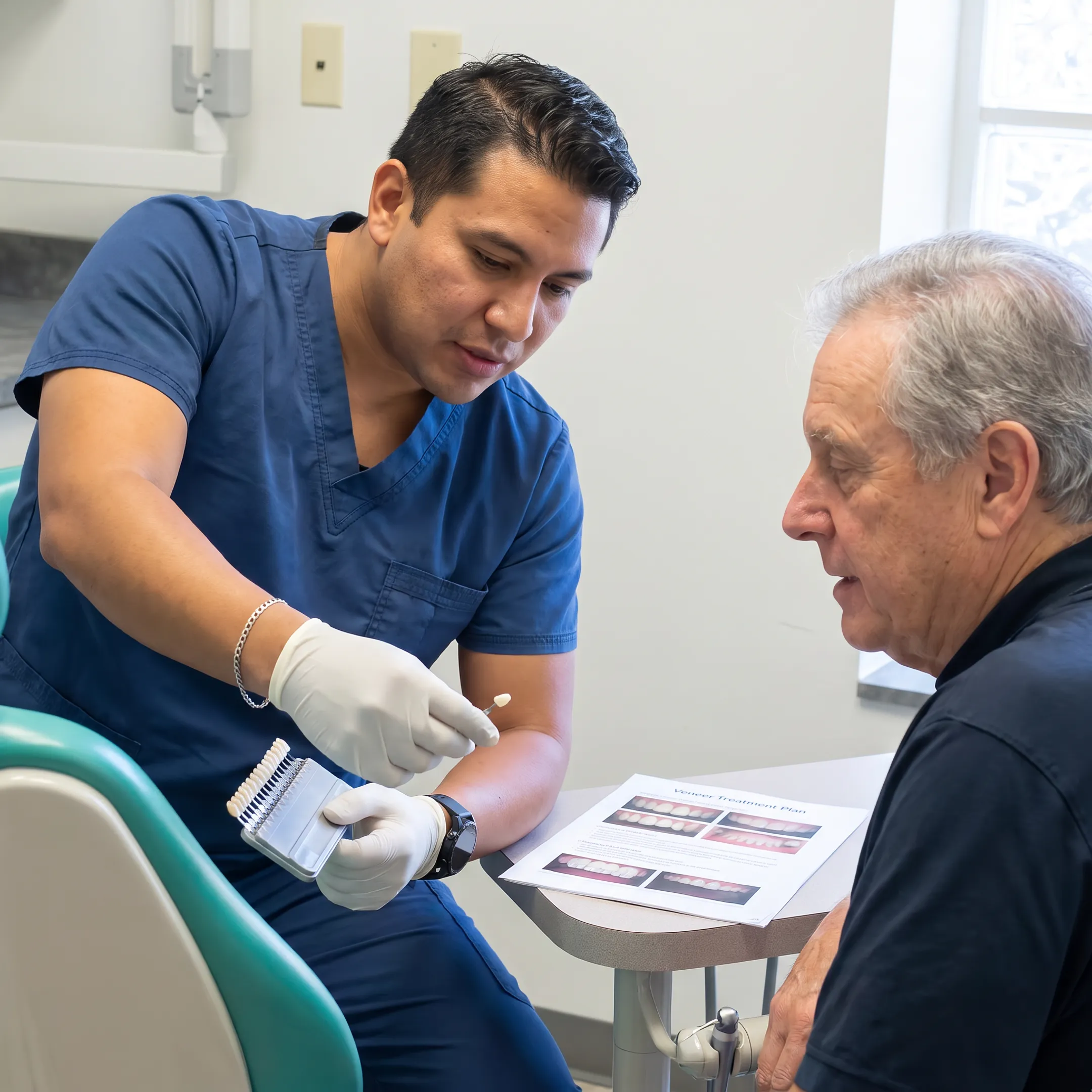 Dentist reviewing a porcelain veneer treatment plan with a patient