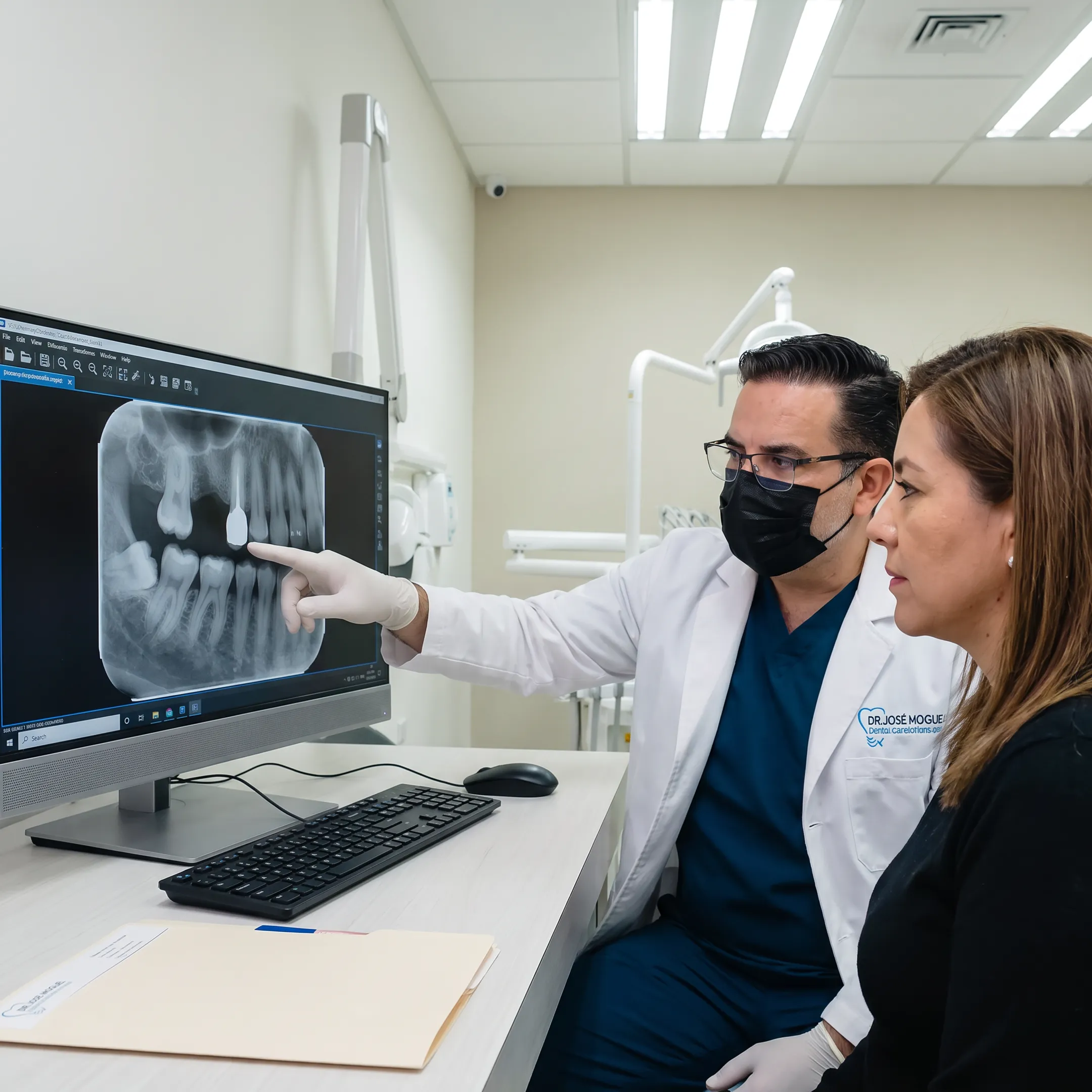 Dentist examining a patient before single tooth implant treatment