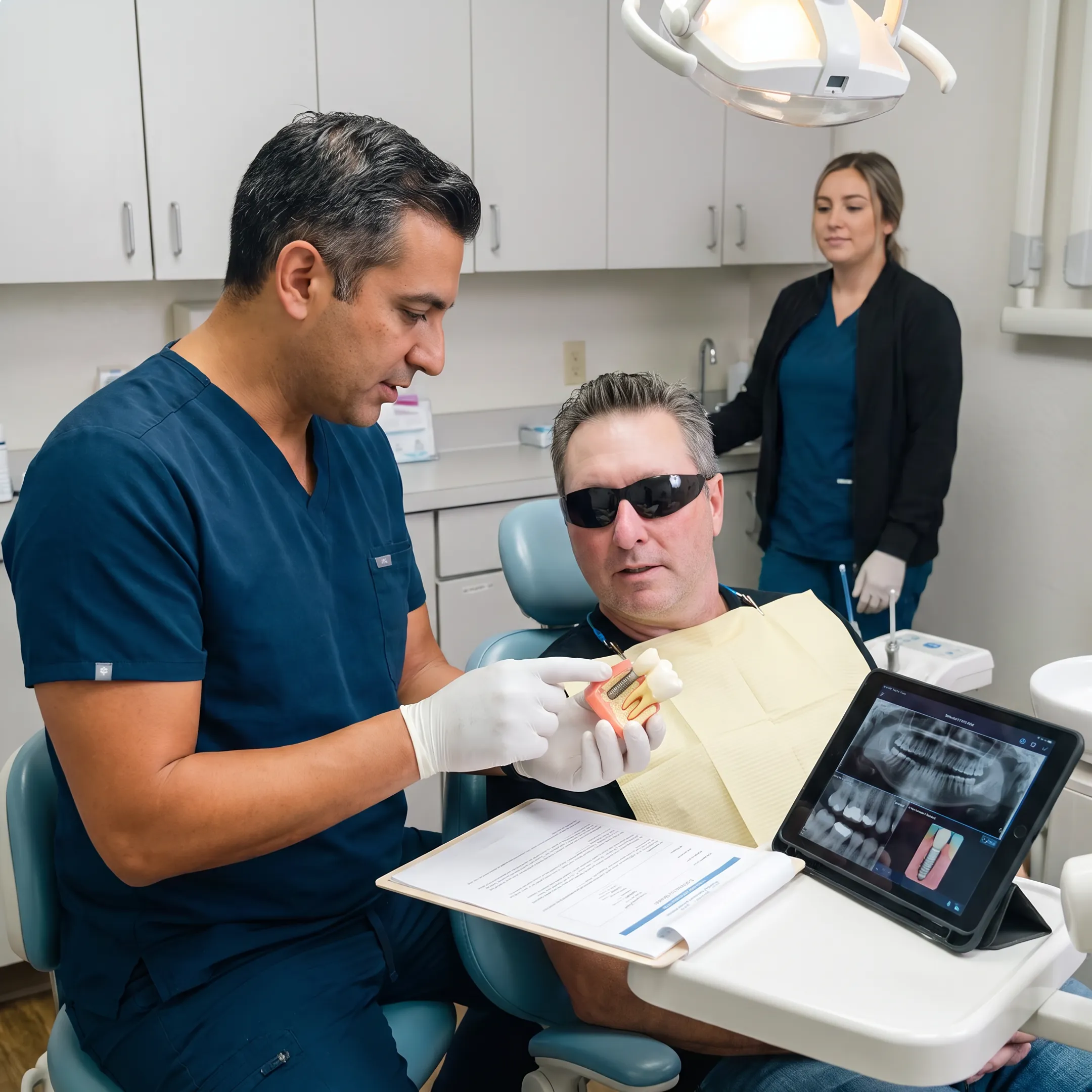 Patient consulting with a dental implant specialist about dentures and tooth replacement options