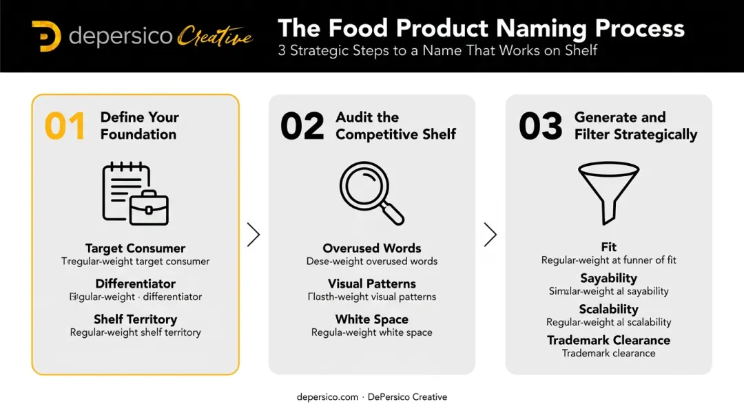 Three-step food product naming process from foundation to trademark clearance