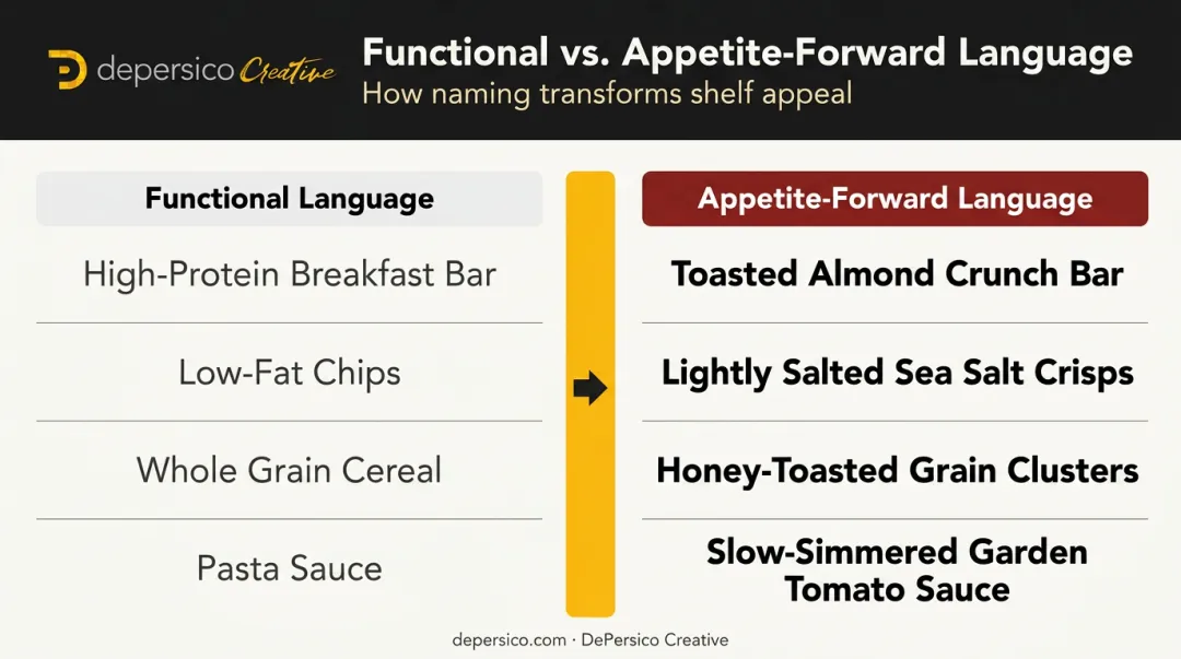 Functional versus appetite-forward food naming language side-by-side comparison chart