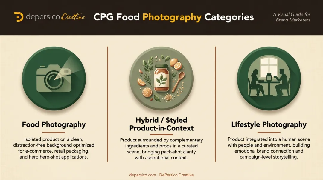 Three CPG photography types comparison food lifestyle and hybrid styled product