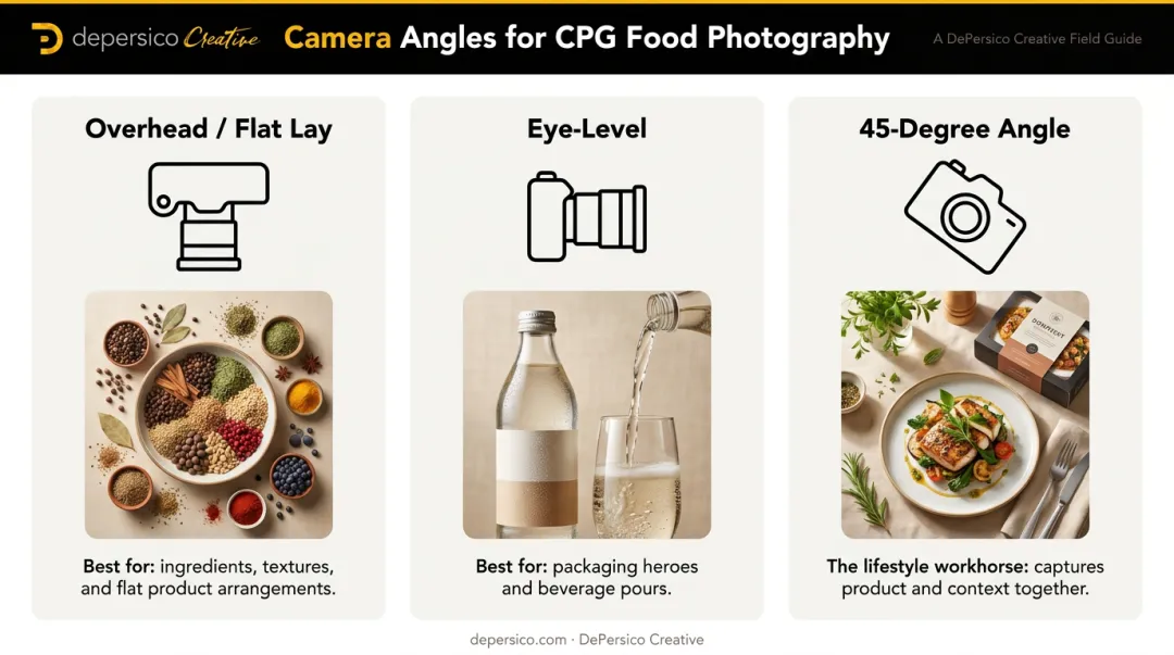 Three CPG food photography camera angles overhead eye-level and 45-degree comparison