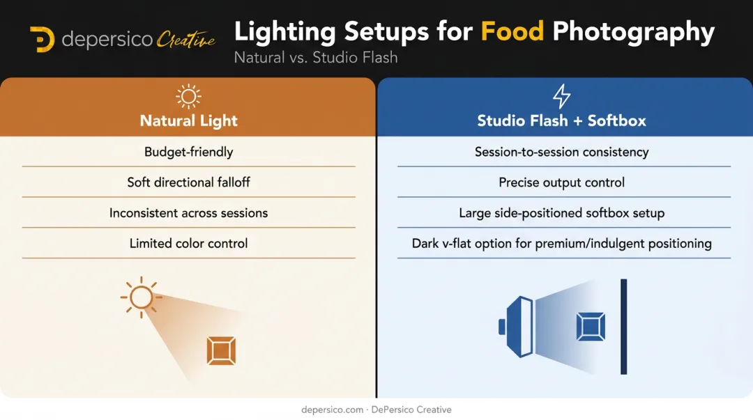 Natural window light versus studio flash softbox comparison for CPG dessert photography