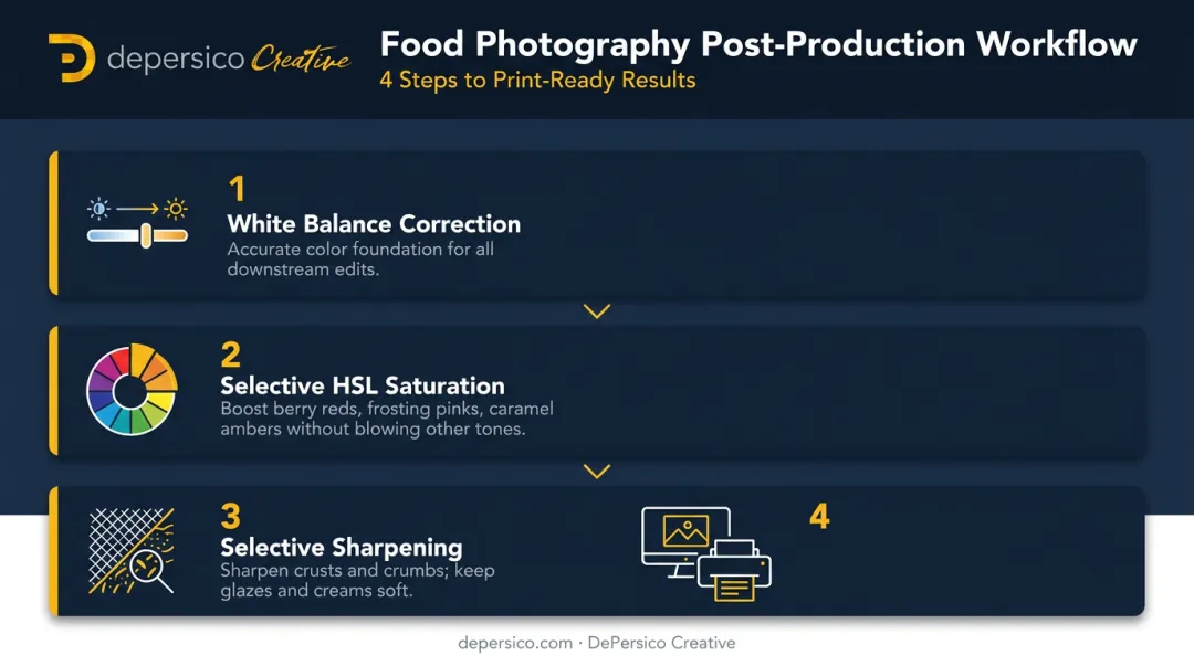 Four-step CPG dessert photo editing workflow from white balance to CMYK soft proof