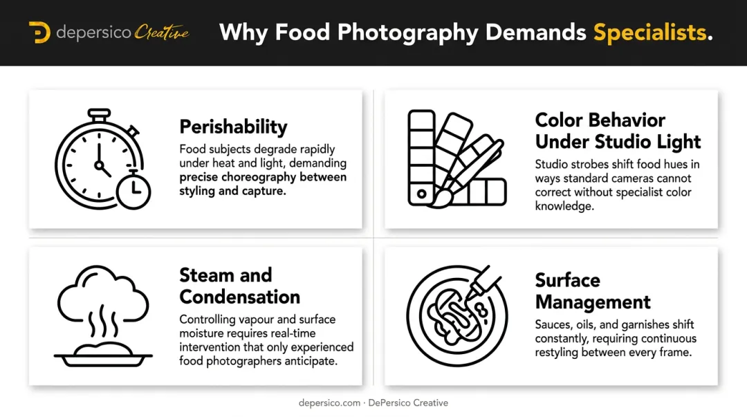Four critical food photography technical challenges specialists solve before shoot day