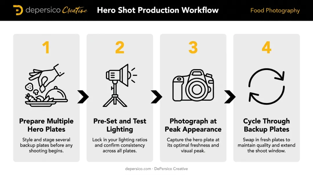 Four-step hero food shot production process from styling to plate cycling infographic