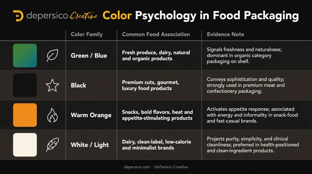Food packaging color psychology chart showing four hue families and purchase associations