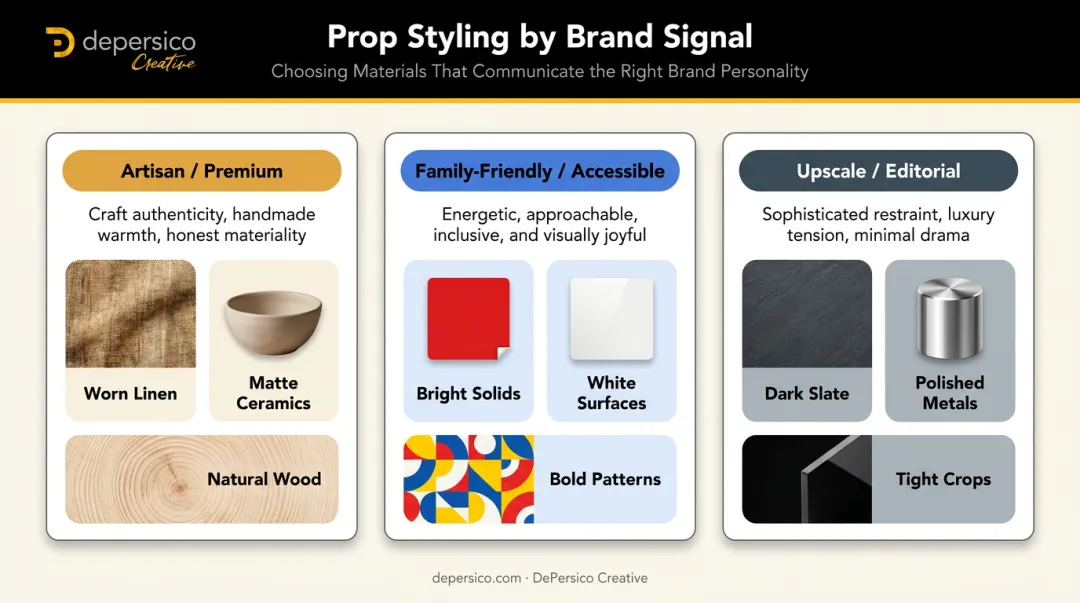 Three food photography prop style comparisons showing brand personality signals