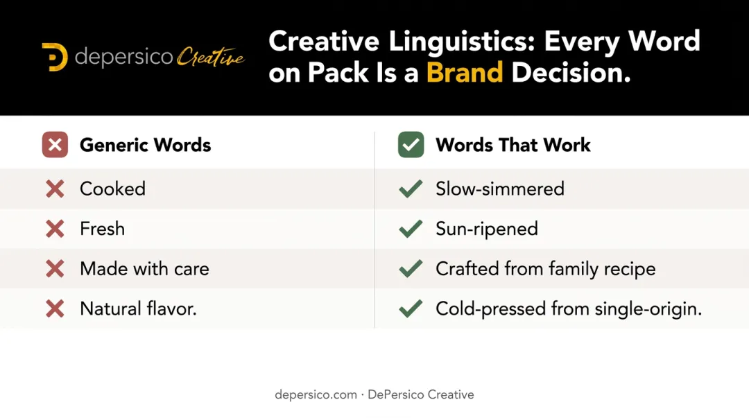 Packaging language comparison showing emotional versus generic word choices for F&amp;B brands