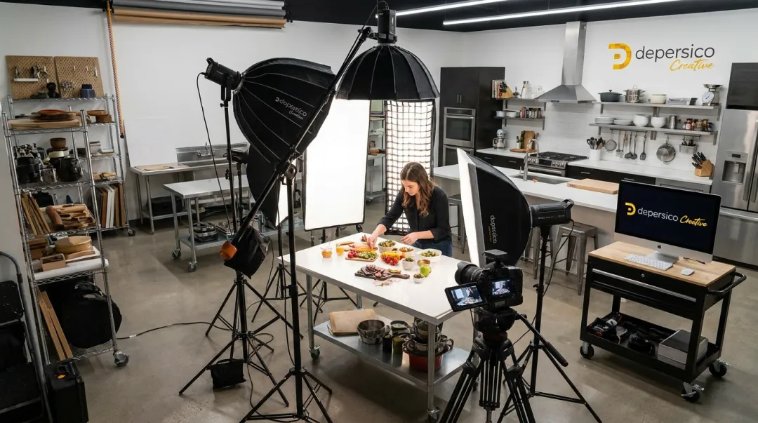 Professional food photography studio with test kitchen lighting setup and styling team