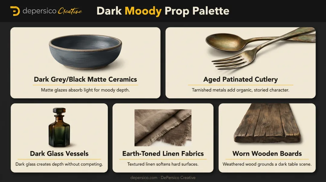 Dark moody food photography prop palette with ceramics cutlery textiles and surfaces