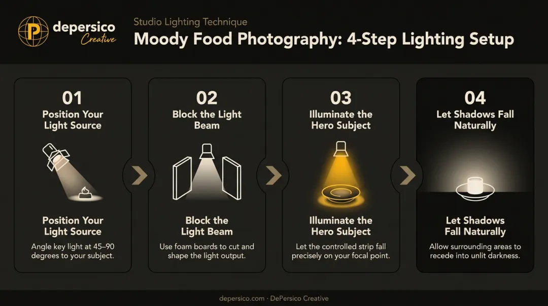 4-step narrow dramatic light strip setup process for moody food photography