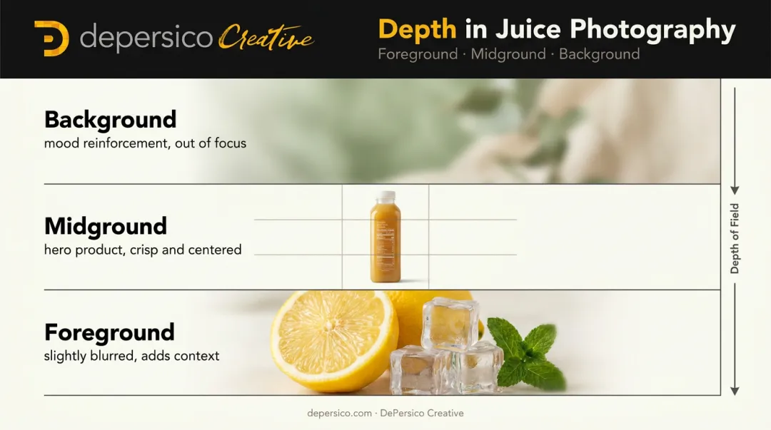 Three-layer juice photography composition diagram foreground midground background depth