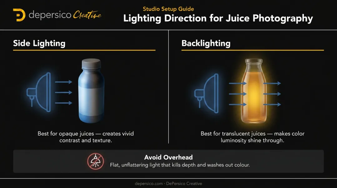 Juice photography lighting direction comparison side light versus backlight techniques